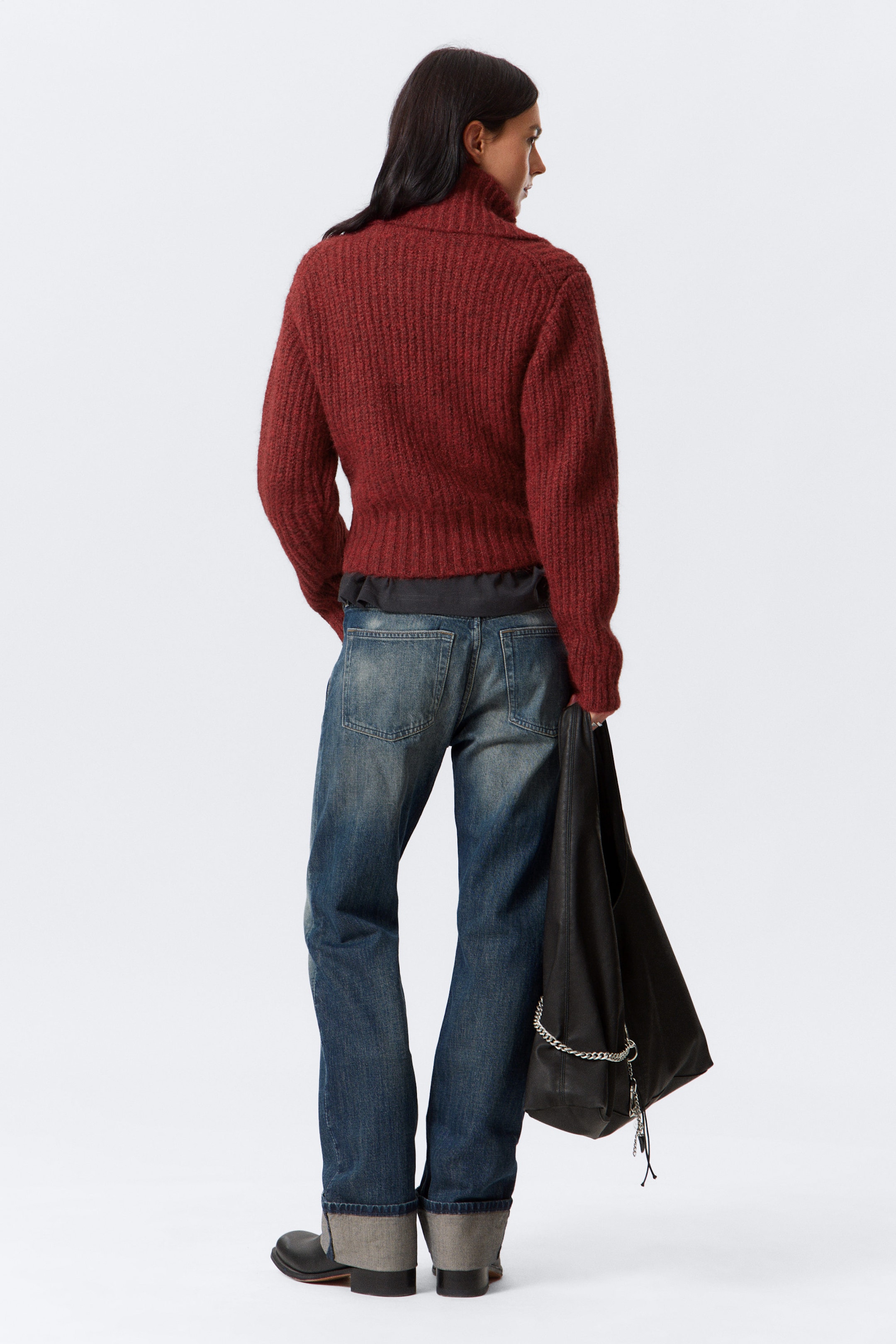 Dark Red Melange - Ribbed Zip-Up Knit Cardigan - 2