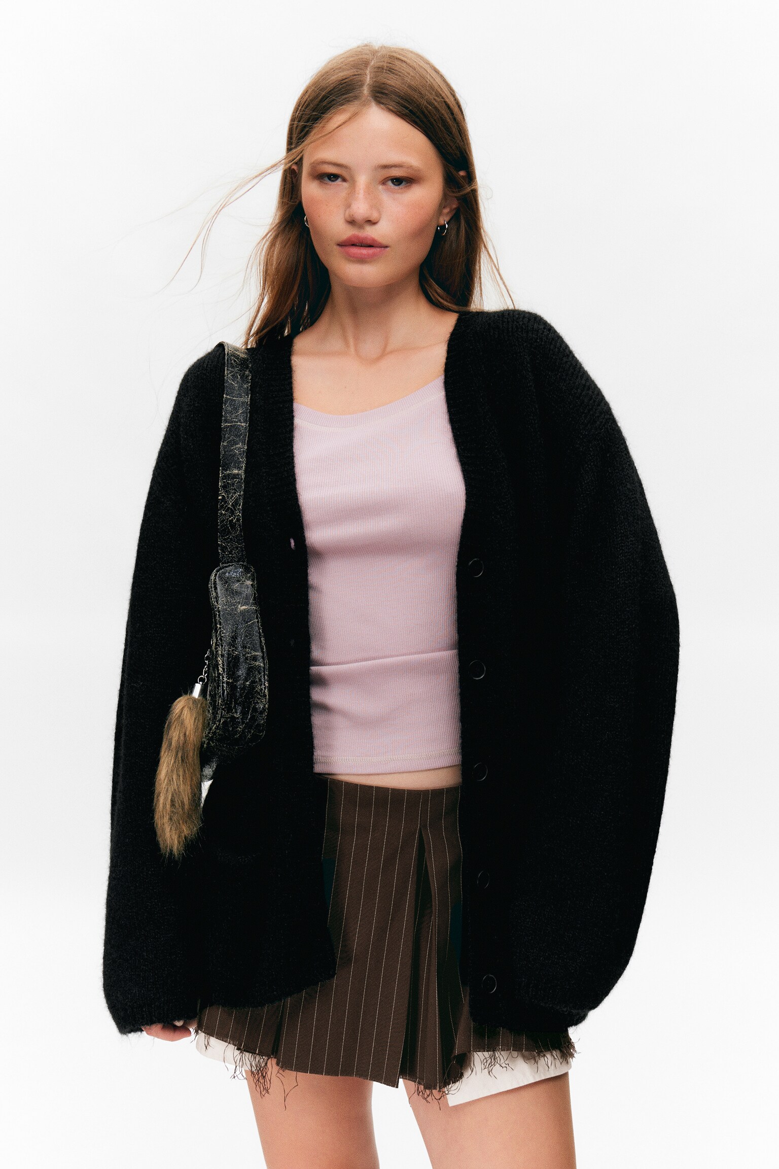 Cardigan a V in misto lana - Nero/Prugna/verde/beige a righe/Marrone scuro e giallo/Beige polvere