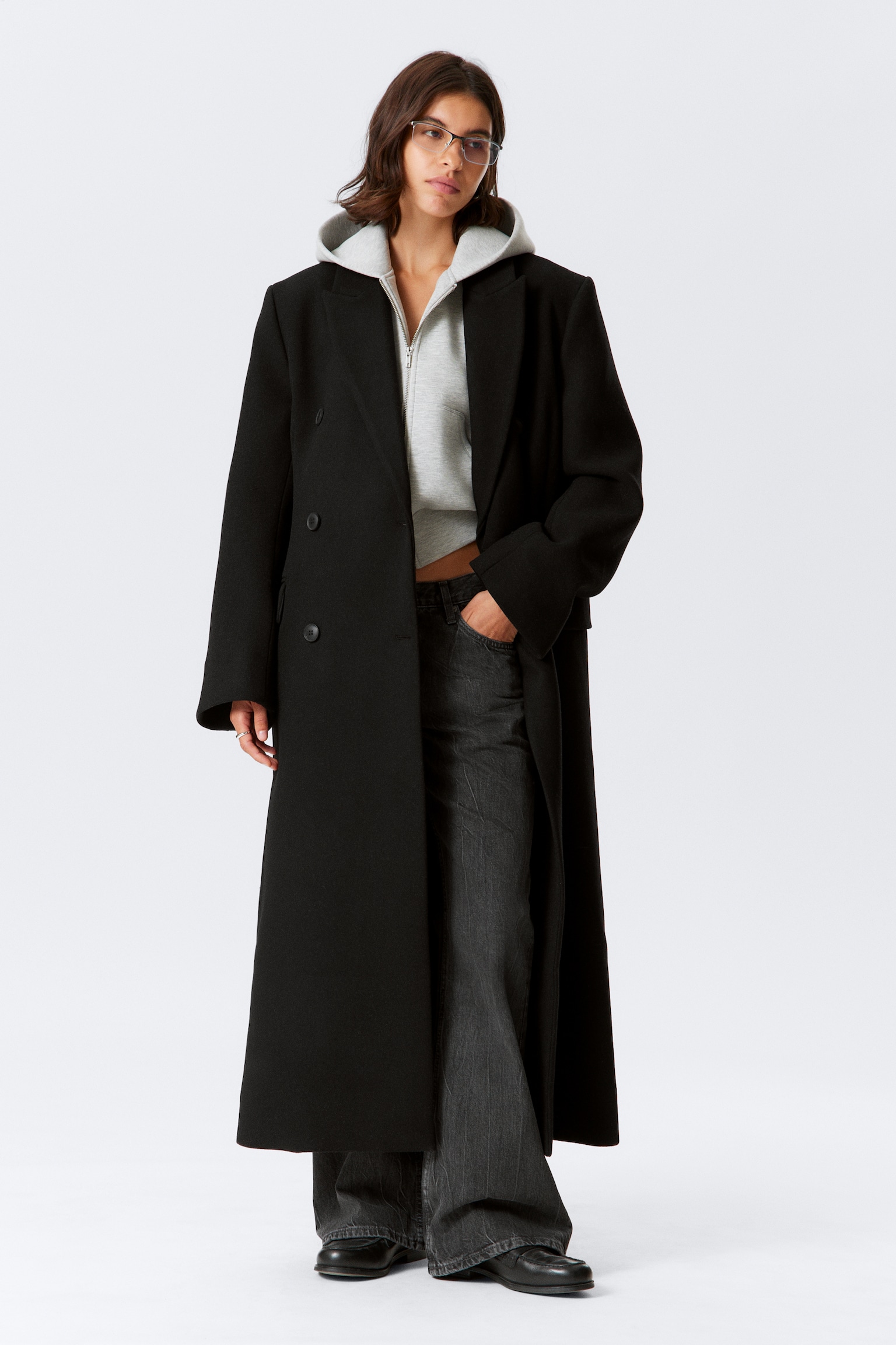 Oversized Double-Breasted Wool-Blend Coat - Black/Dark Grey/Dark Brown