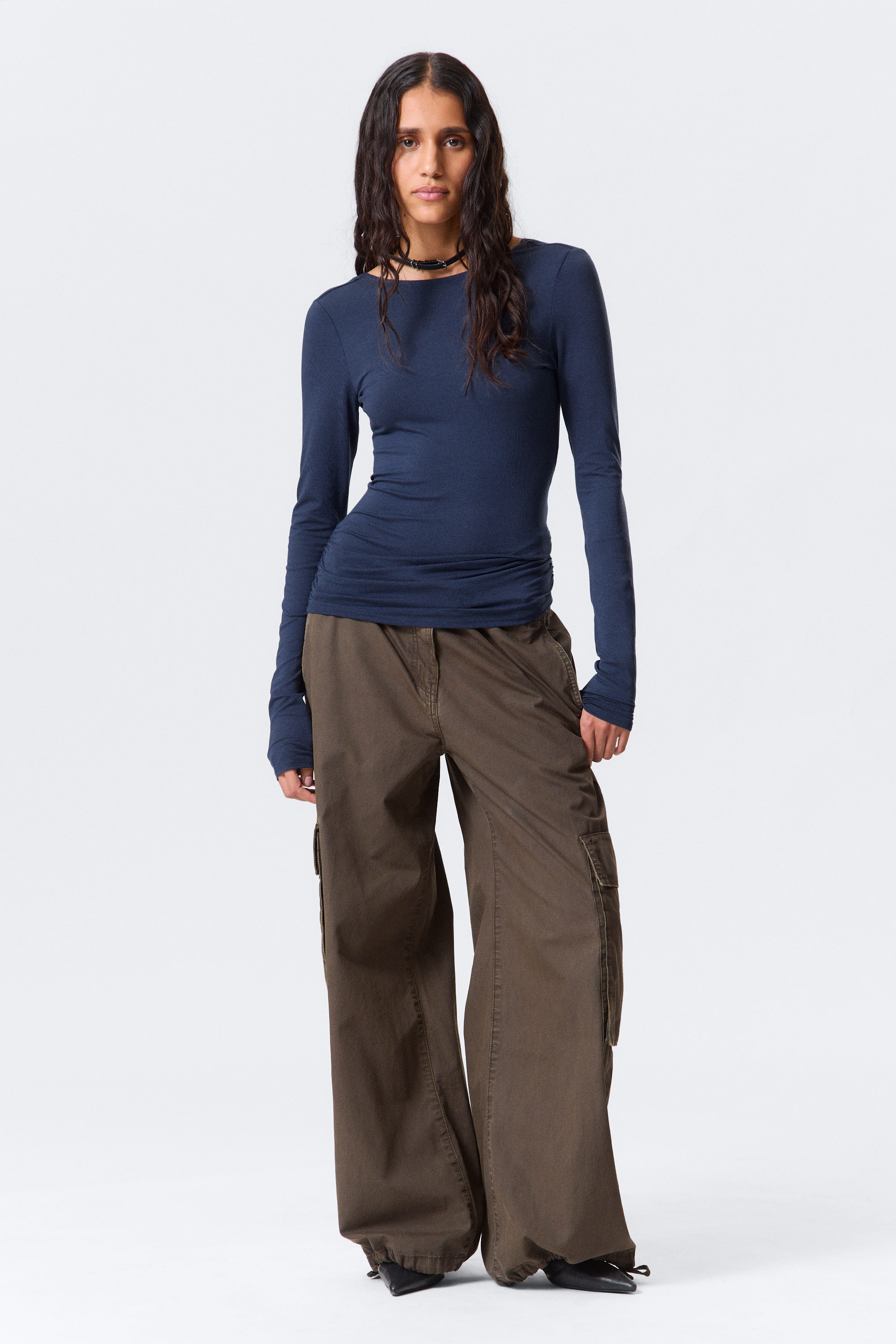 Dark Blue - Open Back Long-Sleeved Top - 2