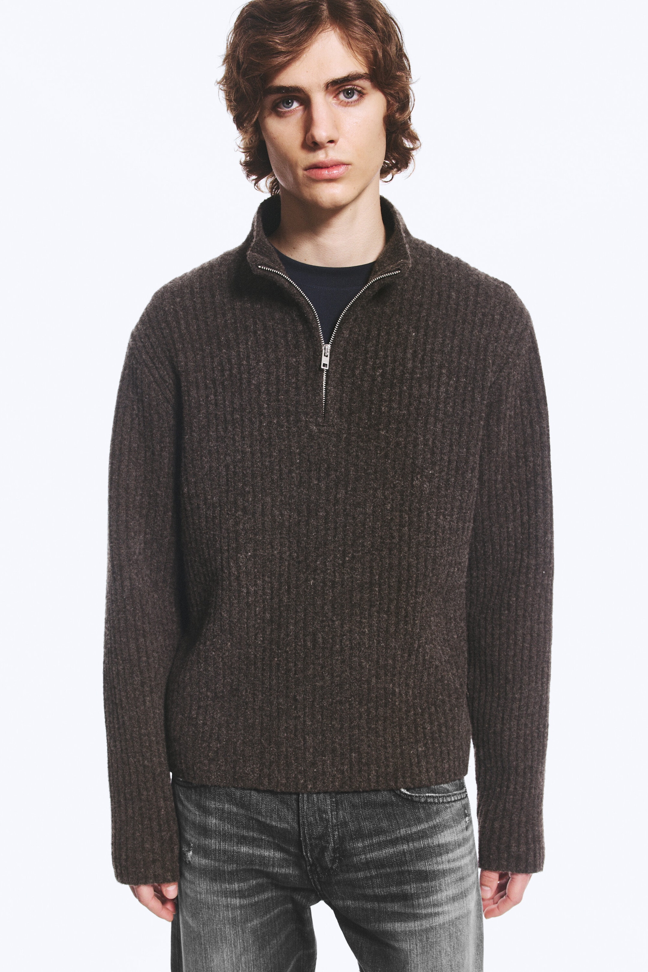 Dunkelbraun - Half-Zip-Sweater aus Wollmischung - 1