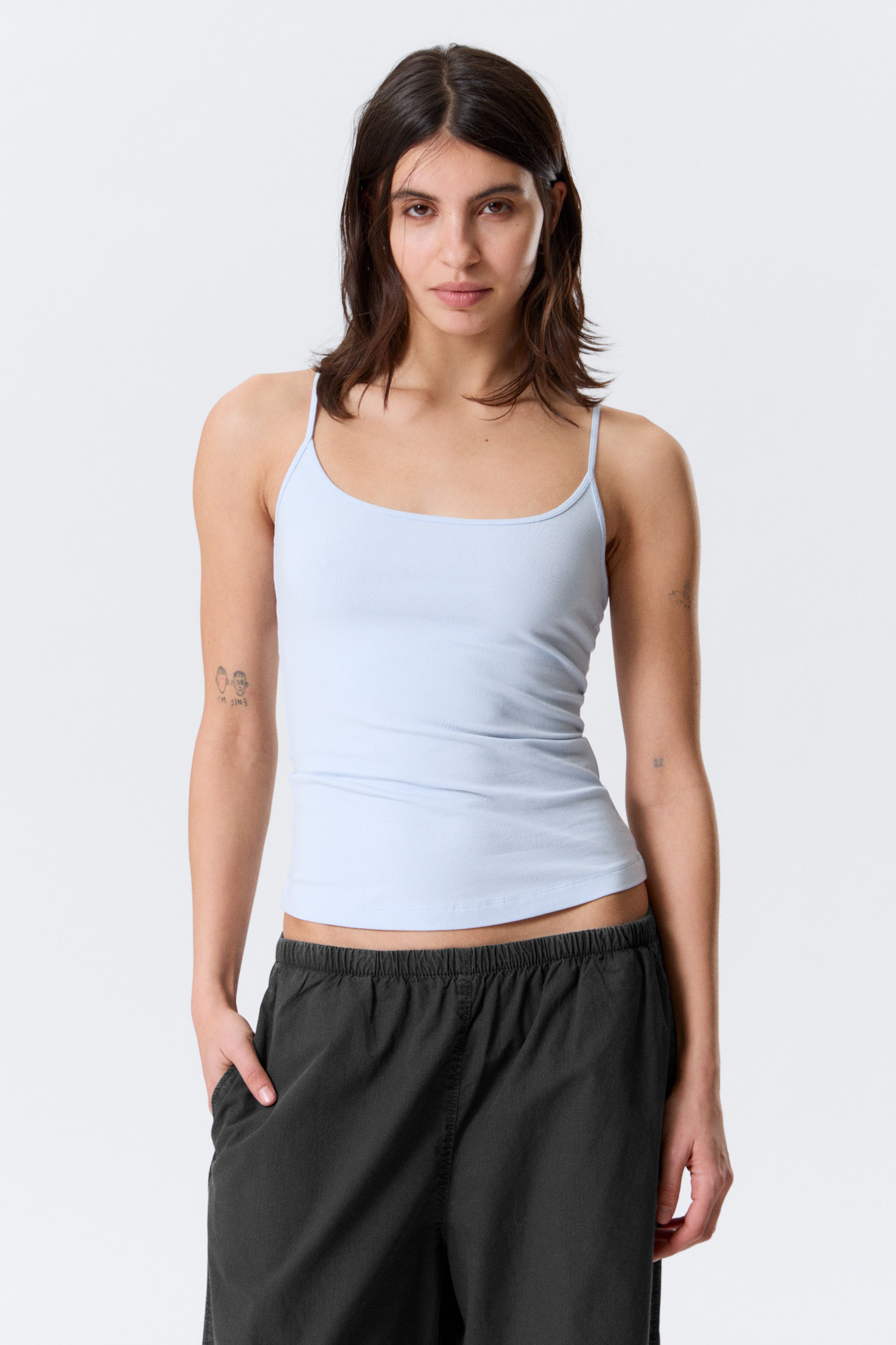 Light Blue - Fitted Strappy Scoop Neck Singlet - 0