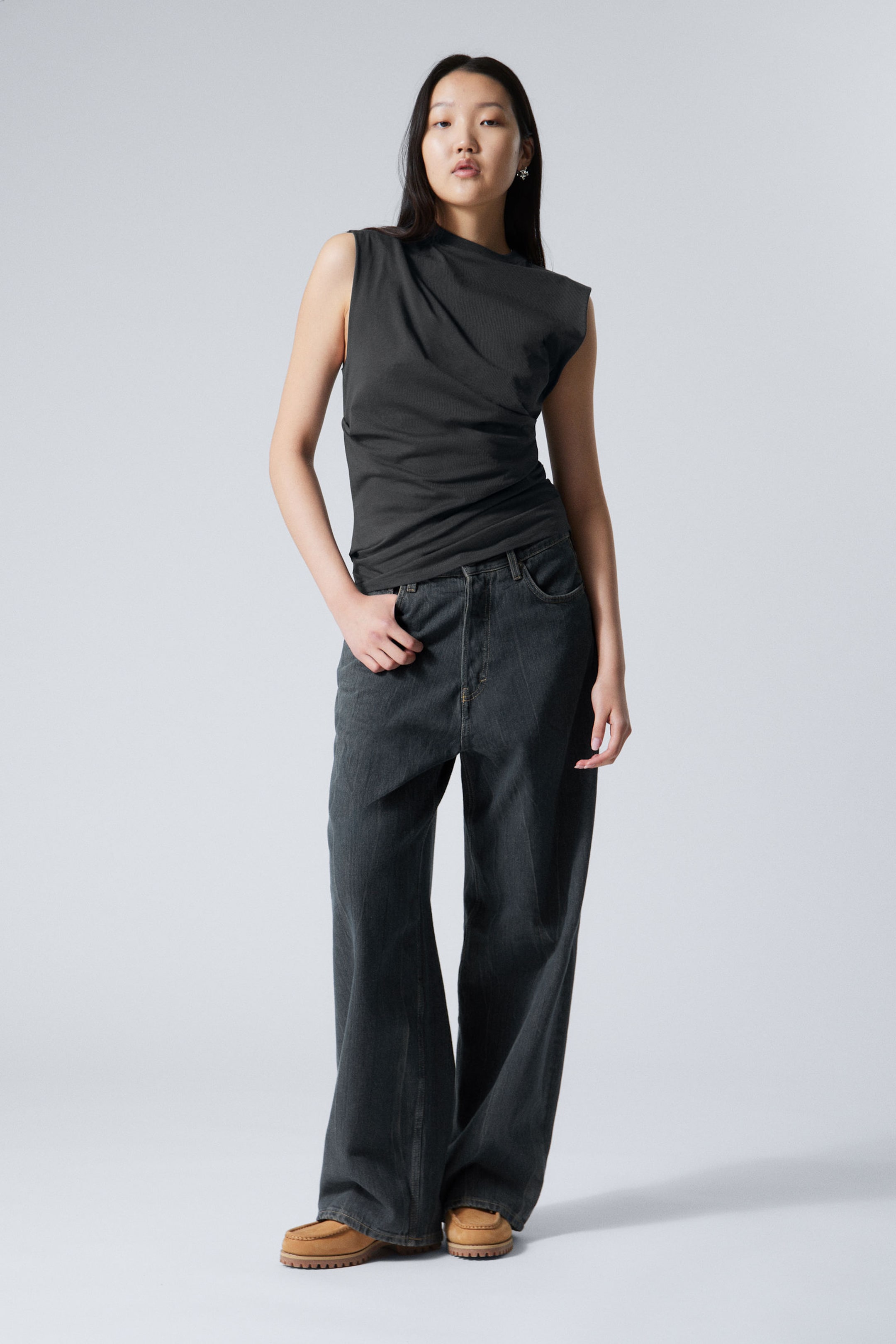 #3A3A3D - Draped Sleeveless Cotton Top - 1