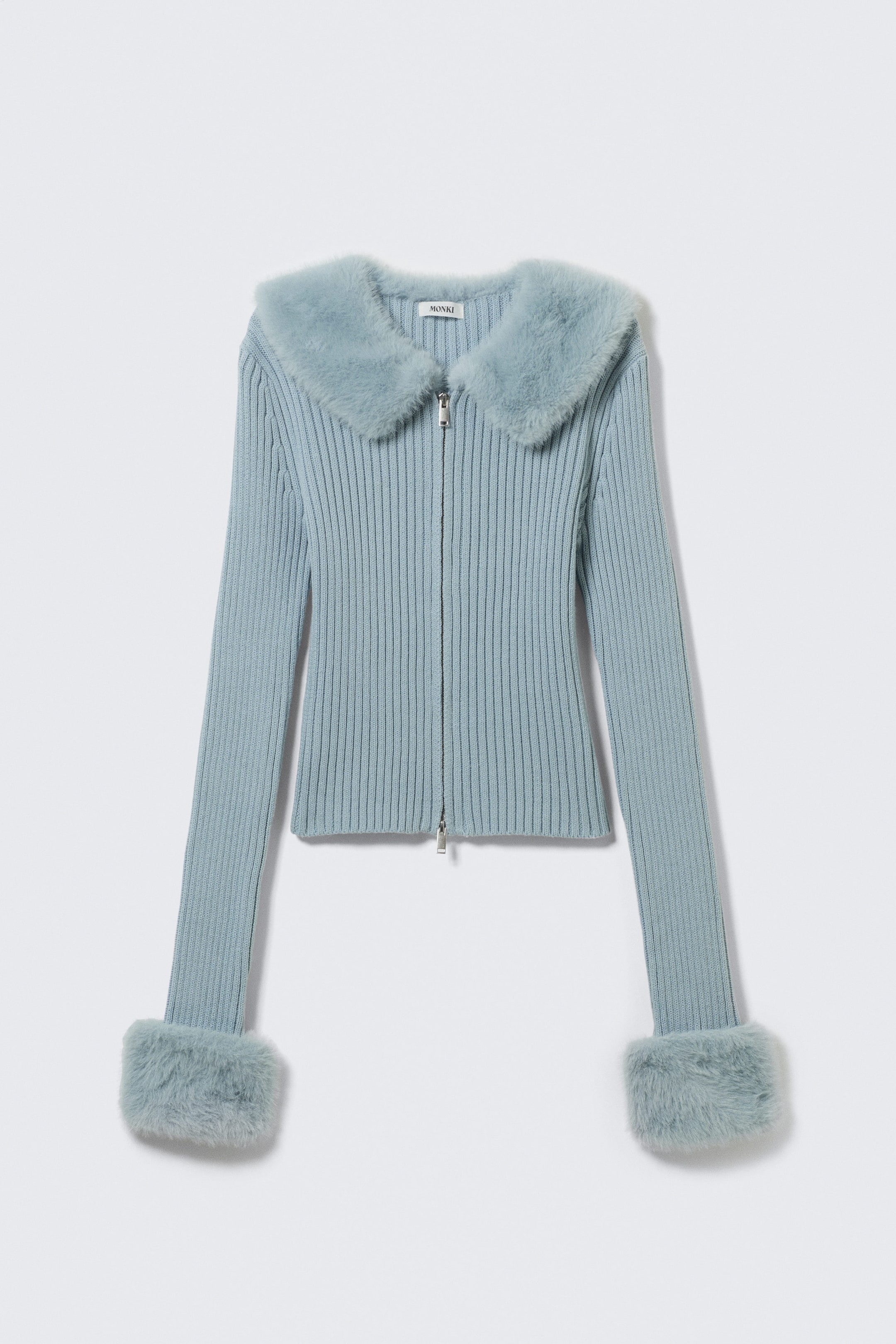 Light Dusty Blue - Slim Faux Fur Trim Zip Cardigan - 3