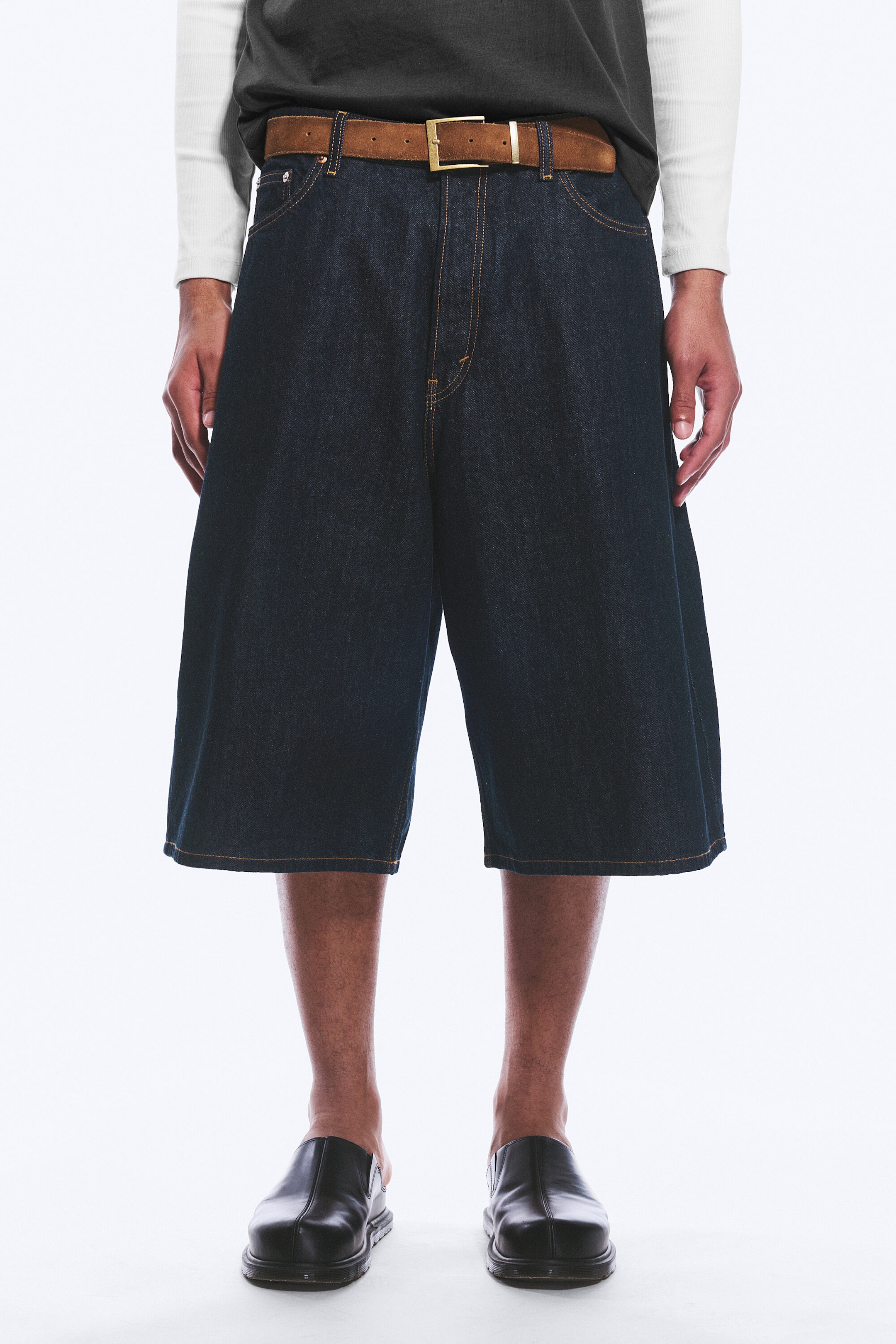 Blue Rinse - Dark Blue - Void Mid Rise Loose Long Denim Shorts - 2