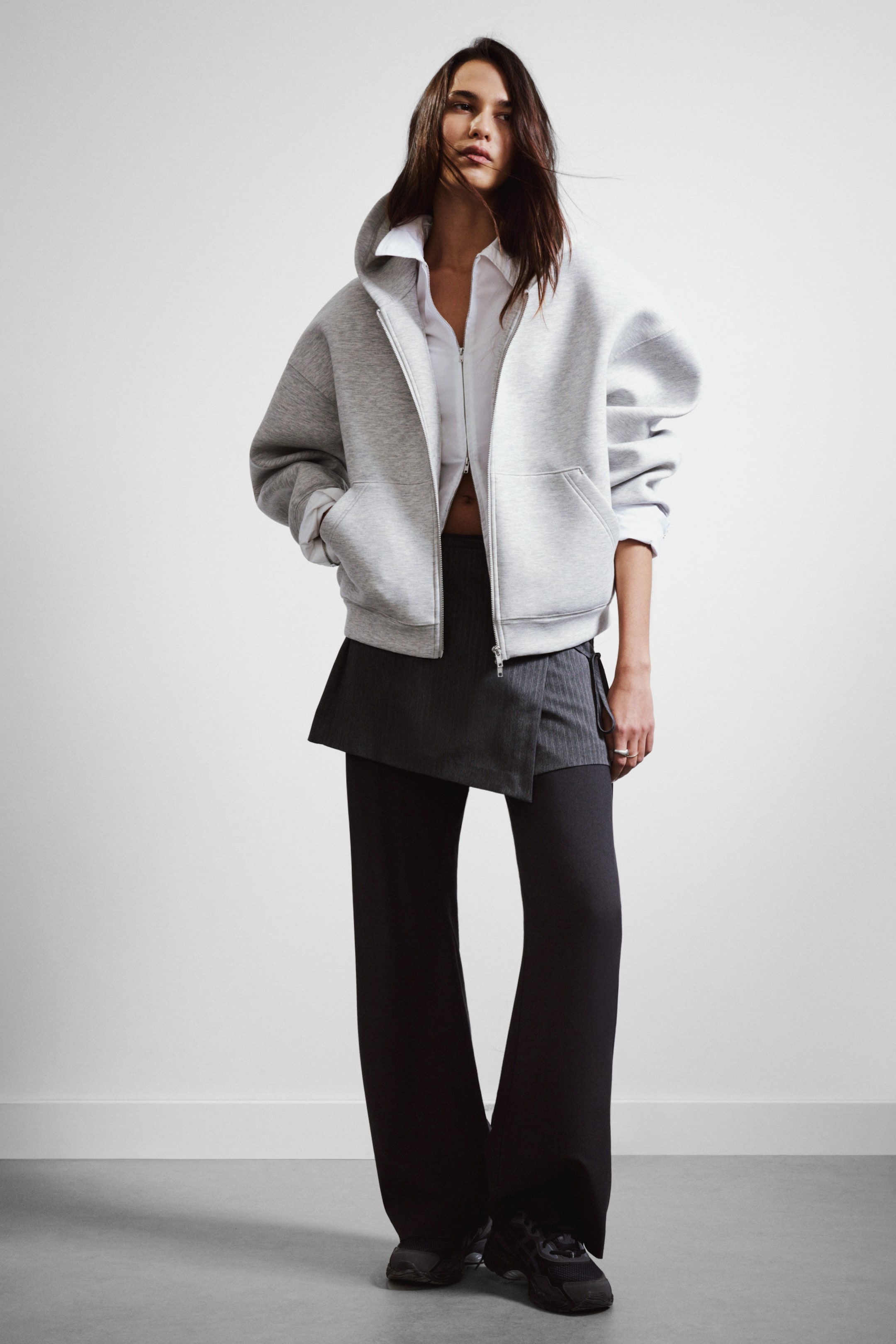 Grey Melange - Oversized Scuba Zip-Hoodie - 1