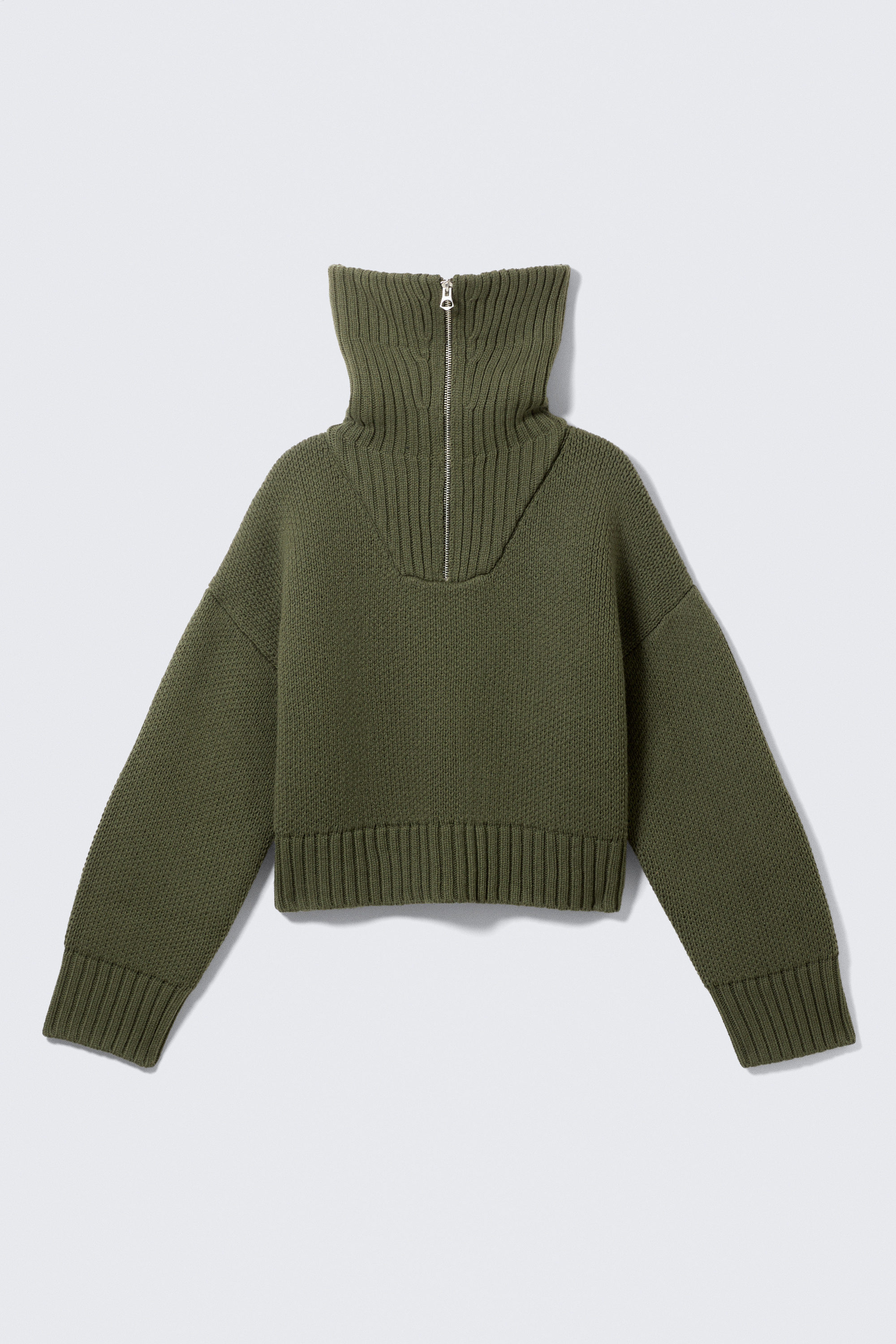 Khaki Green - Knitted Funnel Neck Dual Zip Sweater - 4