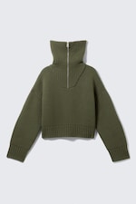 Khaki Green - Knitted Funnel Neck Dual Zip Sweater - 4