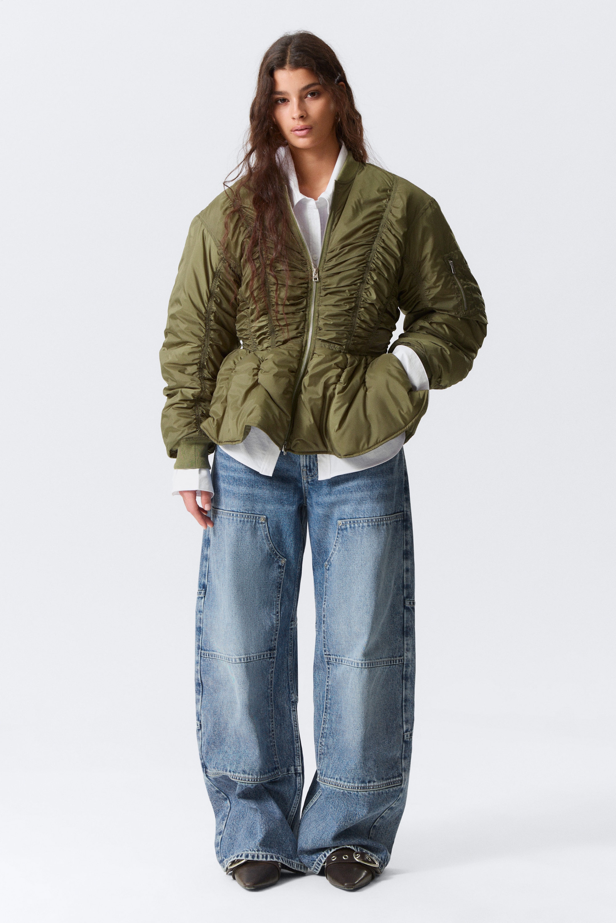 Khaki Green - Slim Ruched Peplum Bomber Jacket - 1