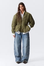 Khaki Green - Slim Ruched Peplum Bomber Jacket - 0