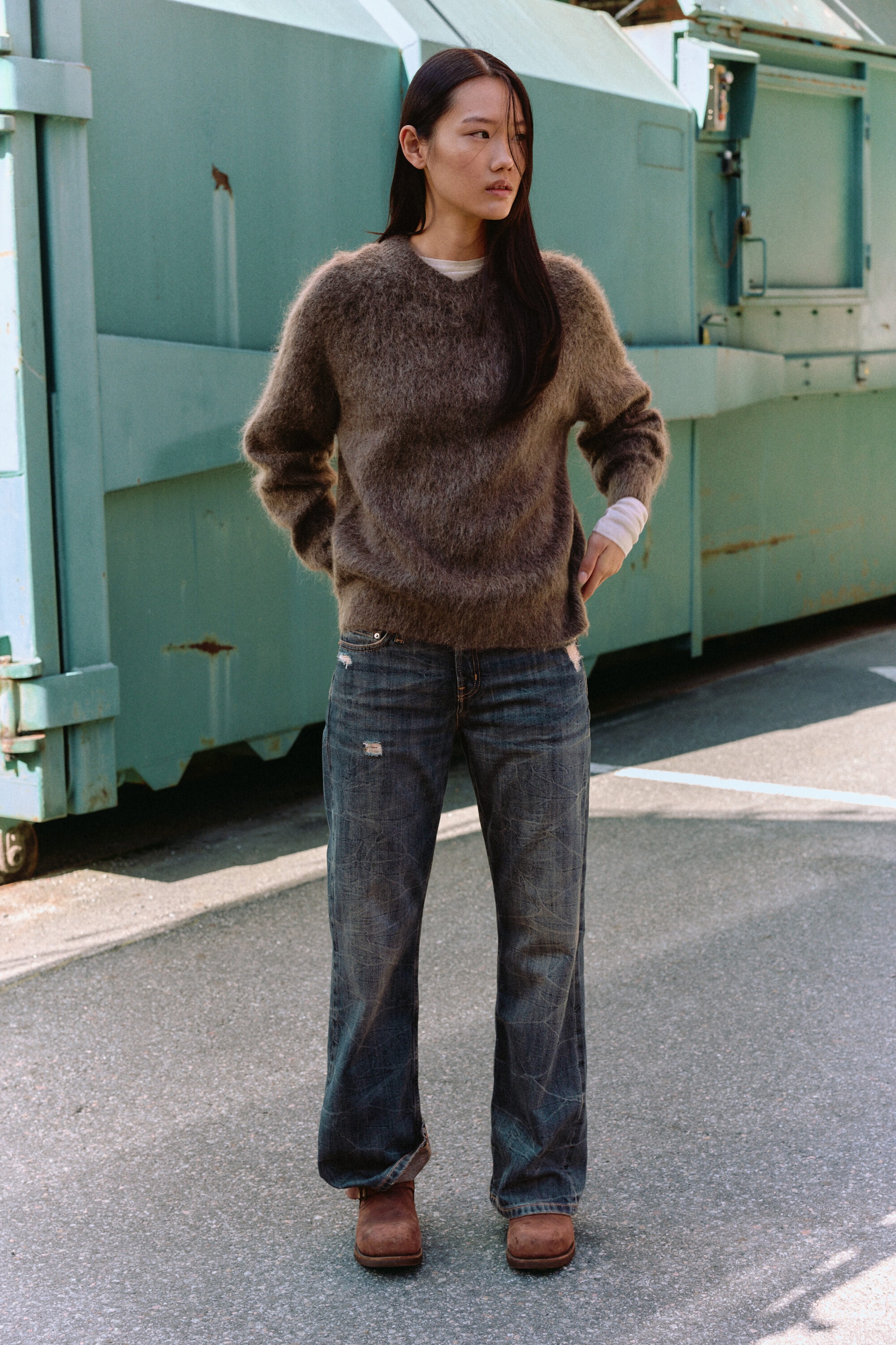 Taupe foncé - Pull col en V en maille mélangée de mohair - 4