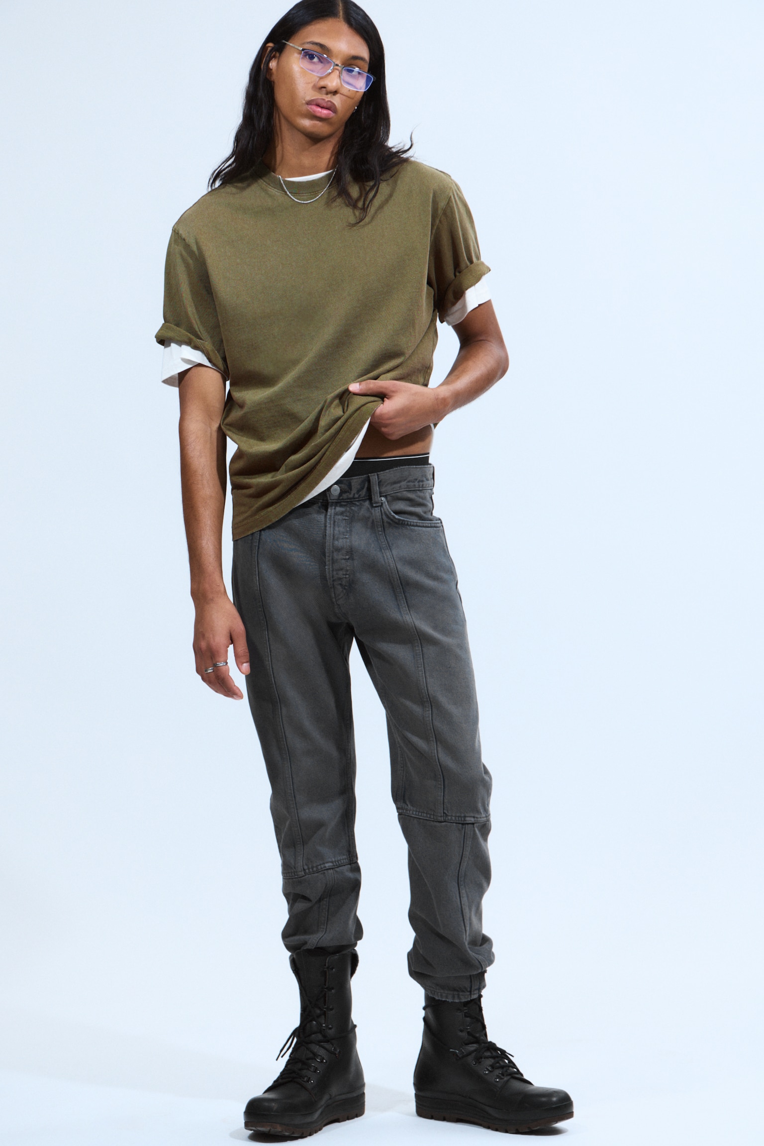 Relaxed Fit Short-Sleeved Cotton T-shirt - Dark Green/White/Black/Navy Blue/Dusty Khaki Green/Light Blue/Grey Melange - 4