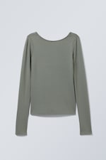 Khaki Green - Gizem Open Back Long Sleeve Top - 0
