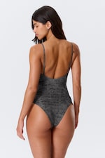 Dark Grey - Alligator Print - Square Neck Printed Swimsuit - 2