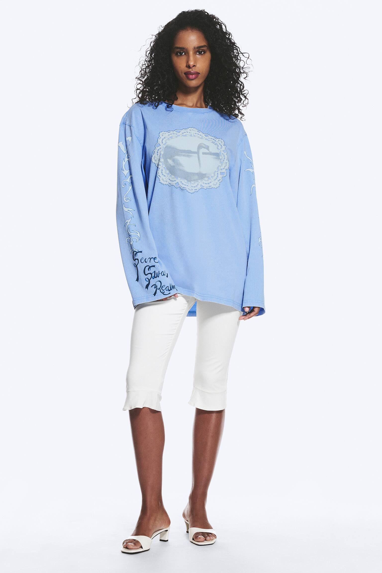 Katoenen T-shirt met lange mouwen en print - Medium Blue - Swan/Printed Light Pink - 3