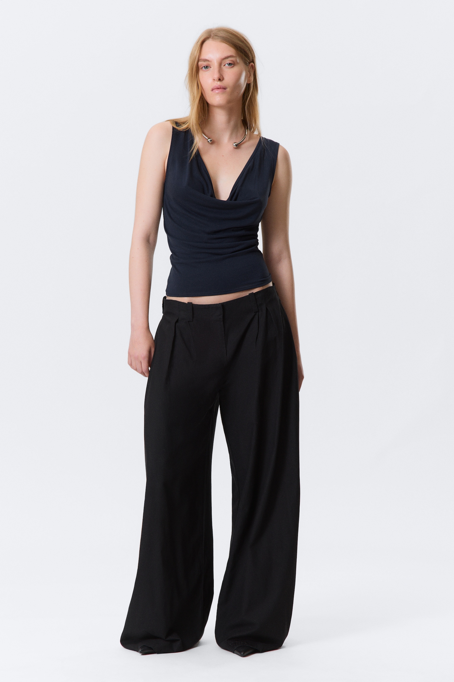Sleeveless Draped Waterfall Top - Dark Blue/Dark Grey - 3