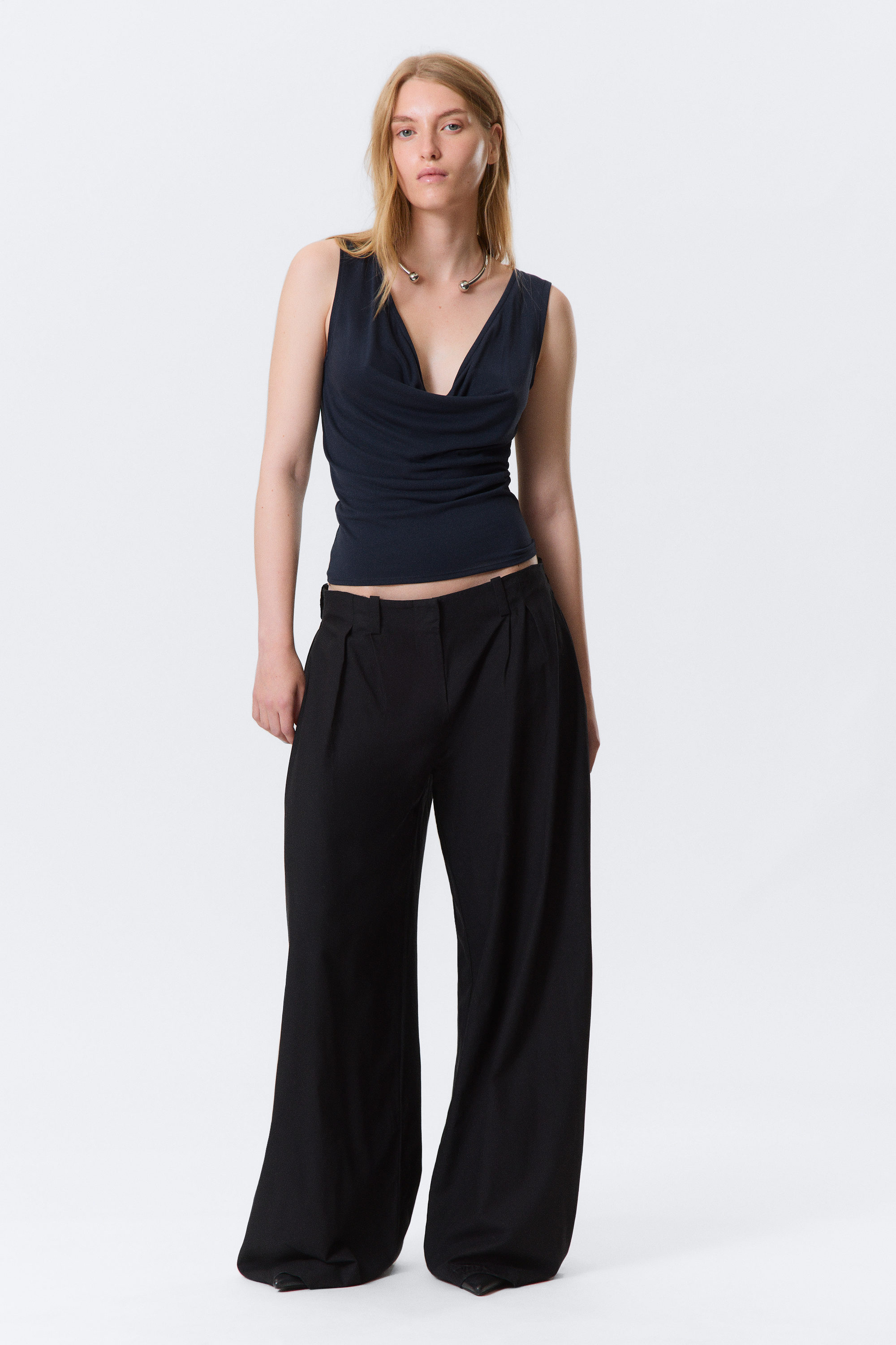 Dark Blue - Sleeveless Draped Waterfall Top - 2