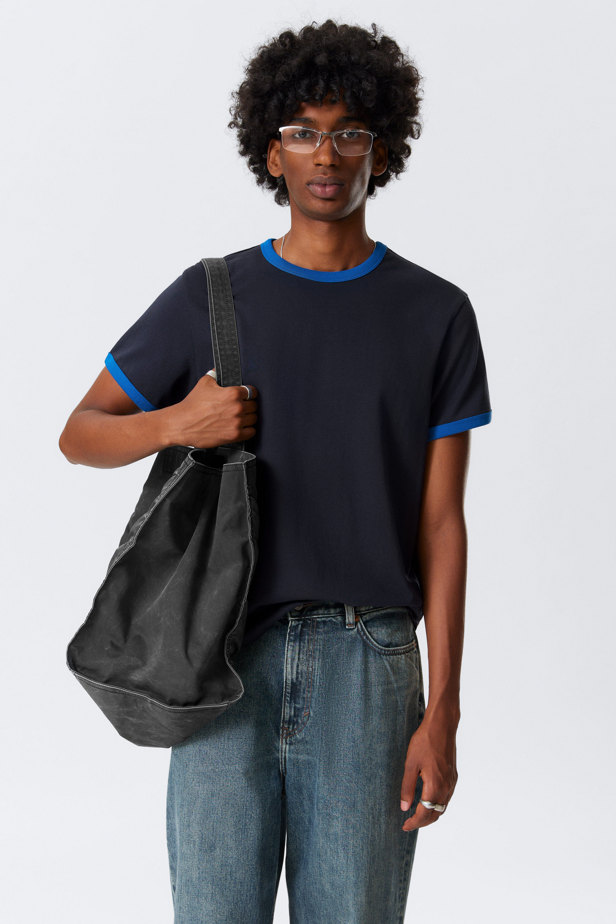 Dark Blue - Short-Sleeved Contrast Trim Cotton T-shirt - 1