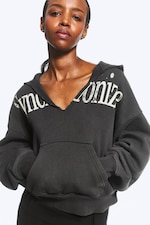 Dark Grey - Synchronize - Oversized Printed V-Neck Hoodie - 0