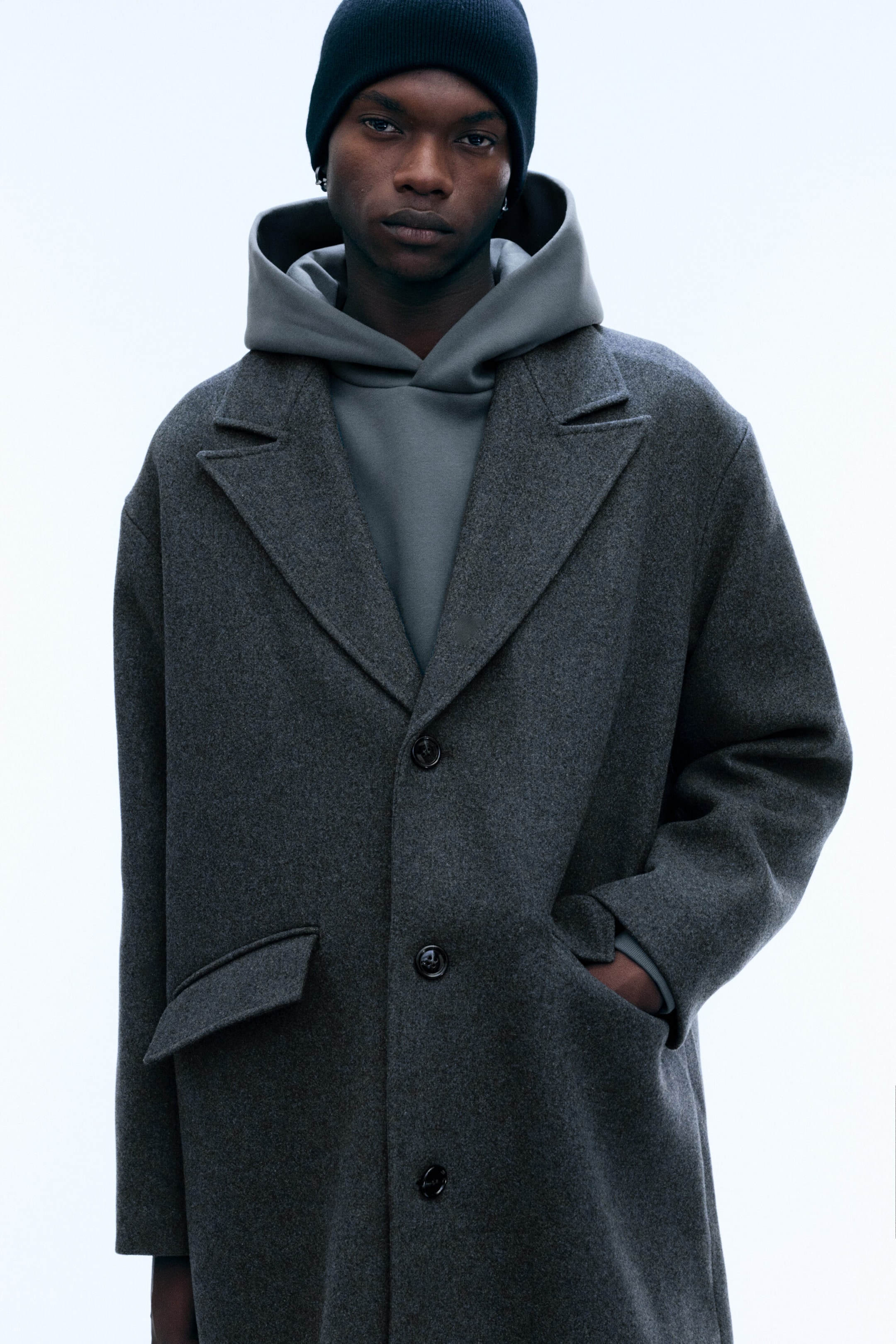 Dark Grey Melange - Oversized Single-Breasted Wool Blend Coat - 2