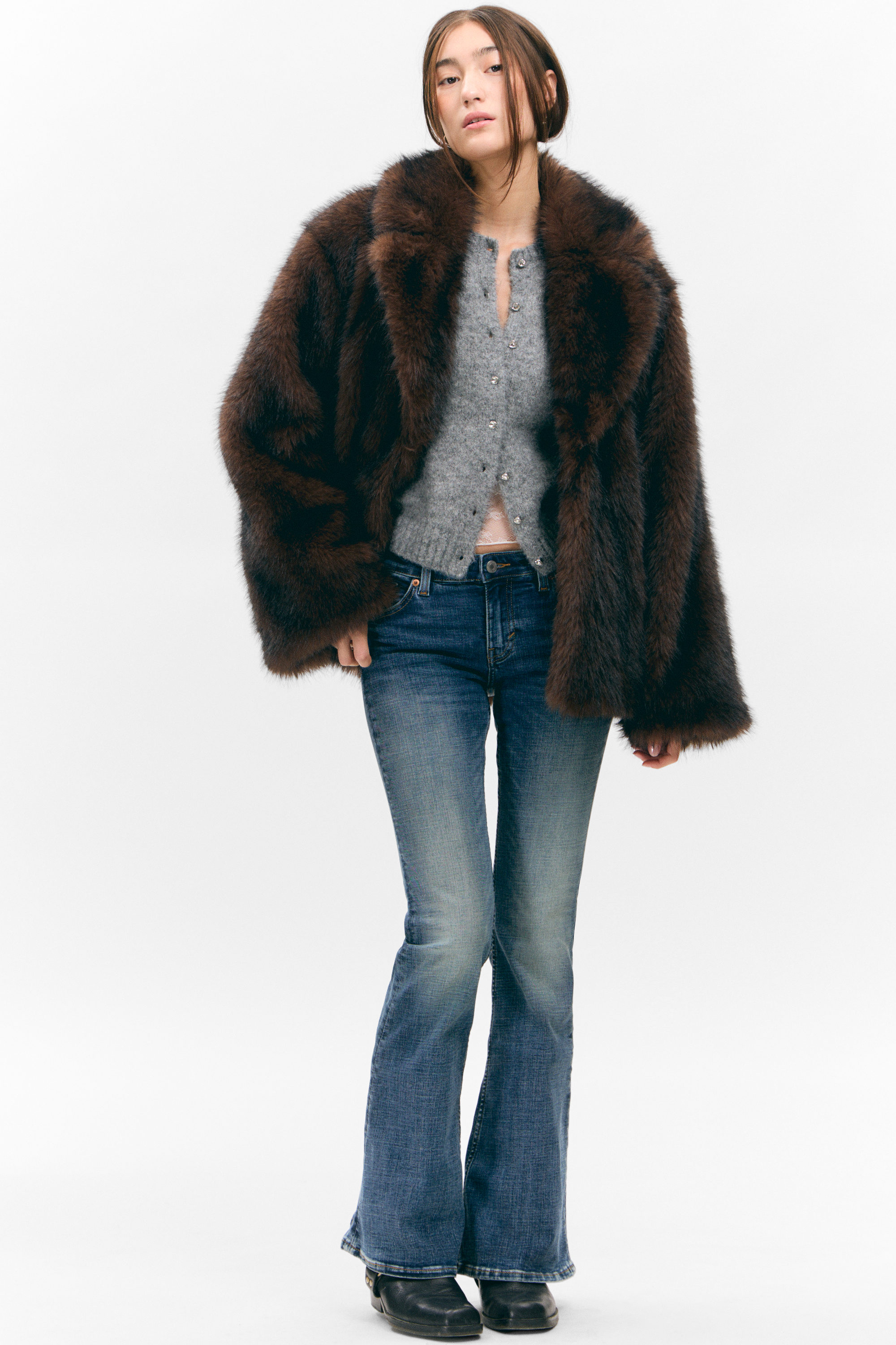 Dark Brown - Faux Fur Jacket - 1