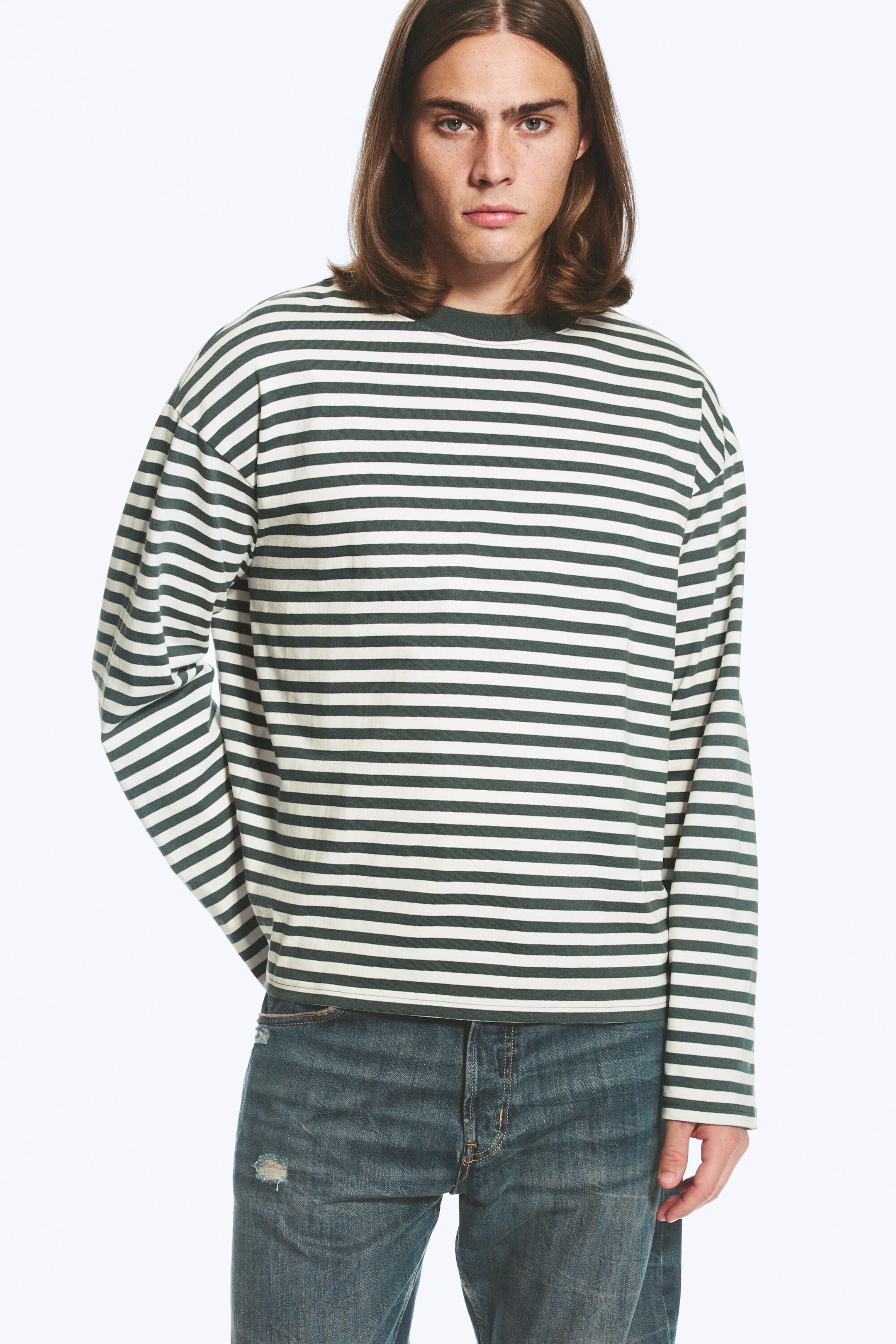 Striped Green/White - Loose Boxy Long-Sleeved T-shirt - 1