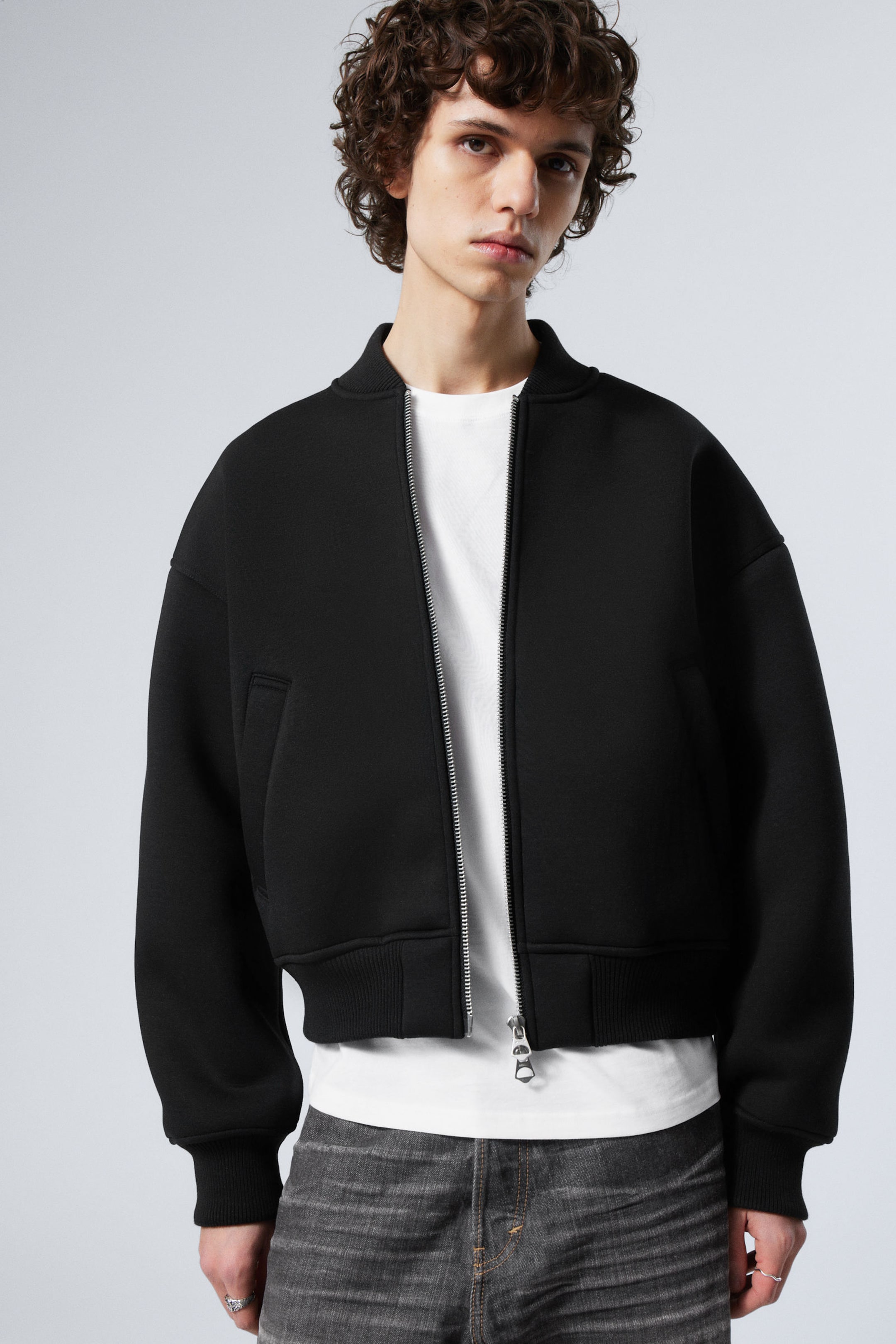 Black - Loose Scuba Bomber Jacket - 2