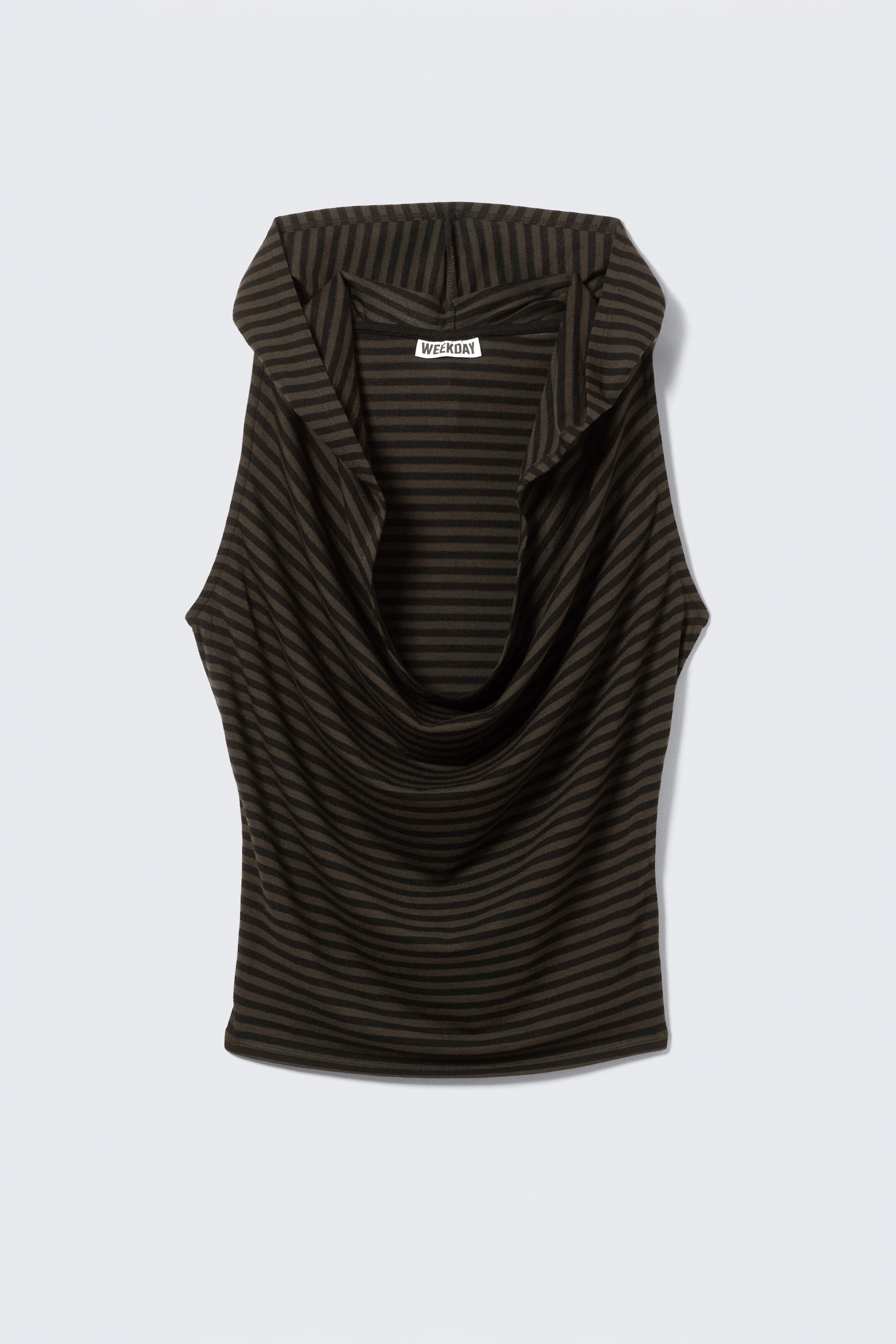 Visa större bild: Ett ärmlöst topp visar sin FRONT, med en smal passform och mörka horisontella ränder. Den är skapad av stretchigt jersey, designad med en mjukt draperad klockhalslinje som sträcker sig in i en huva och har rena kanter.