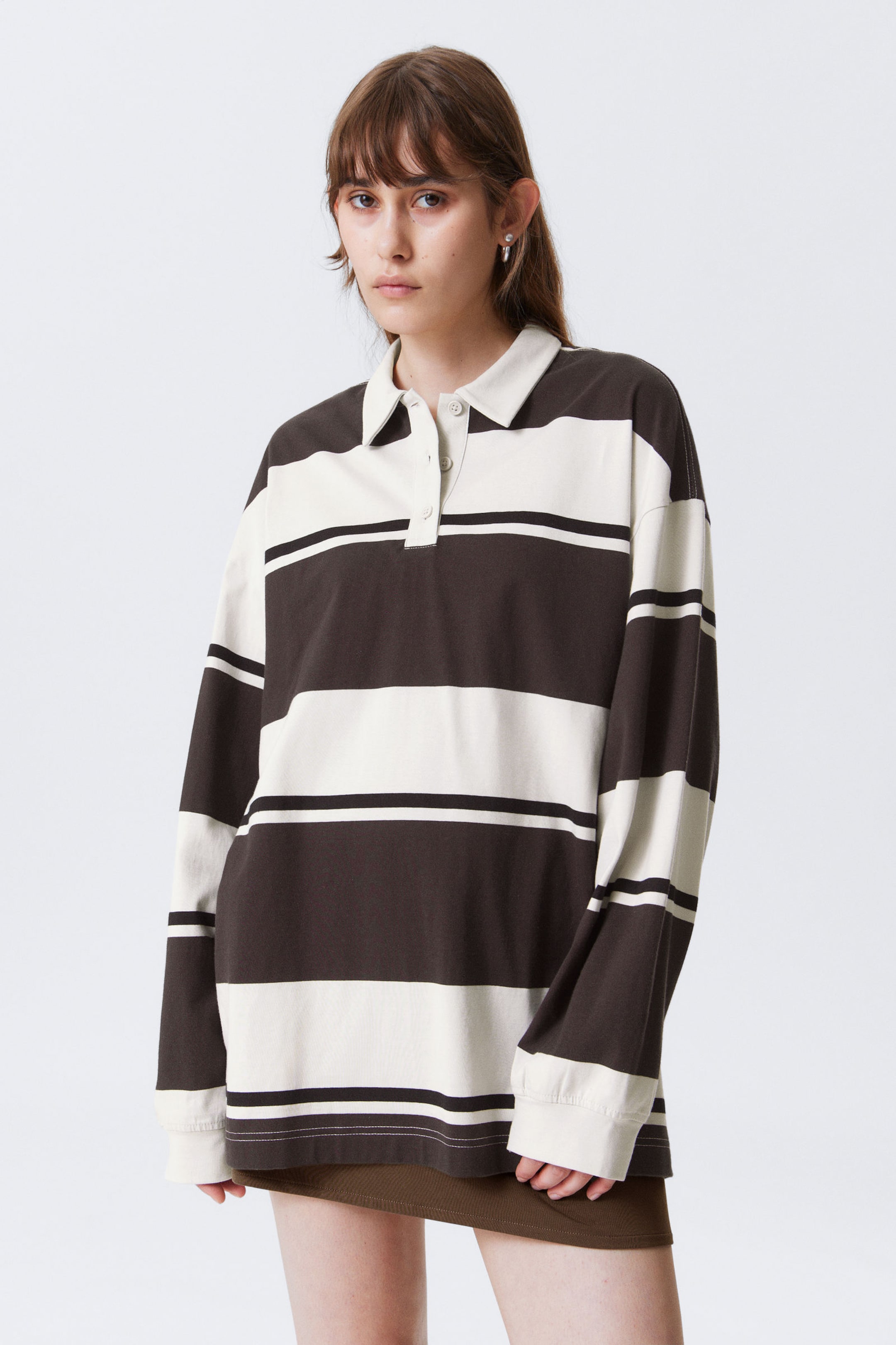 Beige & Brown Stripe - Striped Oversized Polo Shirt - 1