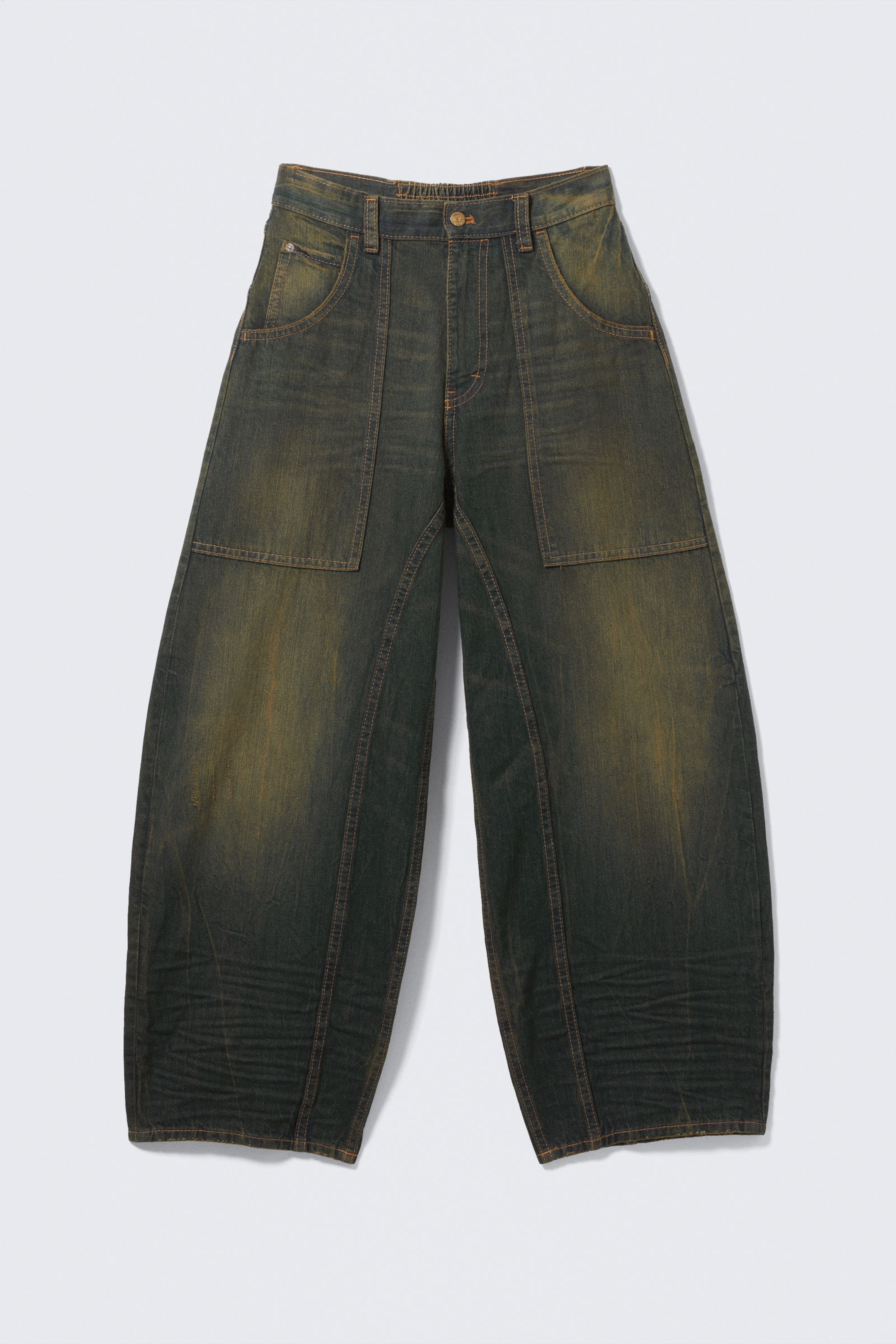 Washed Sulphur - Dark Khaki - Dunno Unisex Low Rise Loose Barrel Leg Jeans - 8