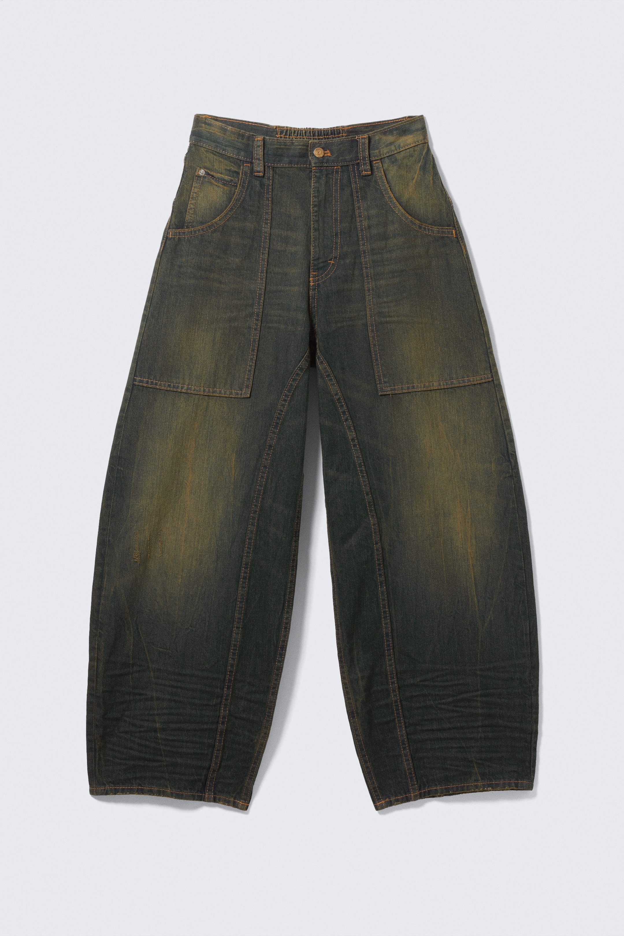 Washed Sulfur - Dark Khaki - Dunno Unisex Low Rise Loose Barrel Leg Jeans - 6