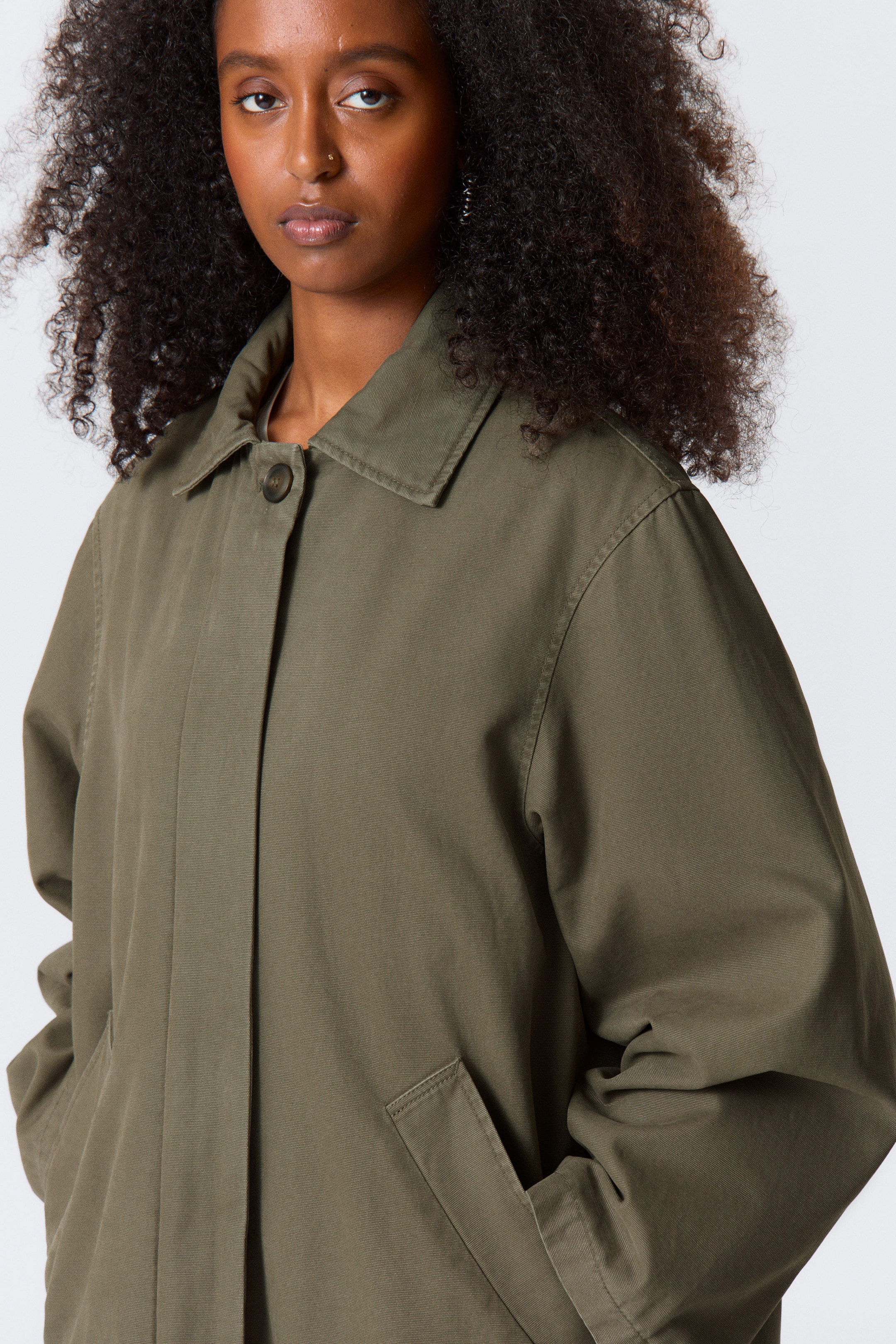 Dark Khaki Green - Loose Fit Canvas Car Coat - 2