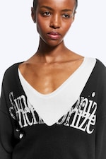 Black - Synchronize - Knitted V-Neck Graphic Sweater - 1