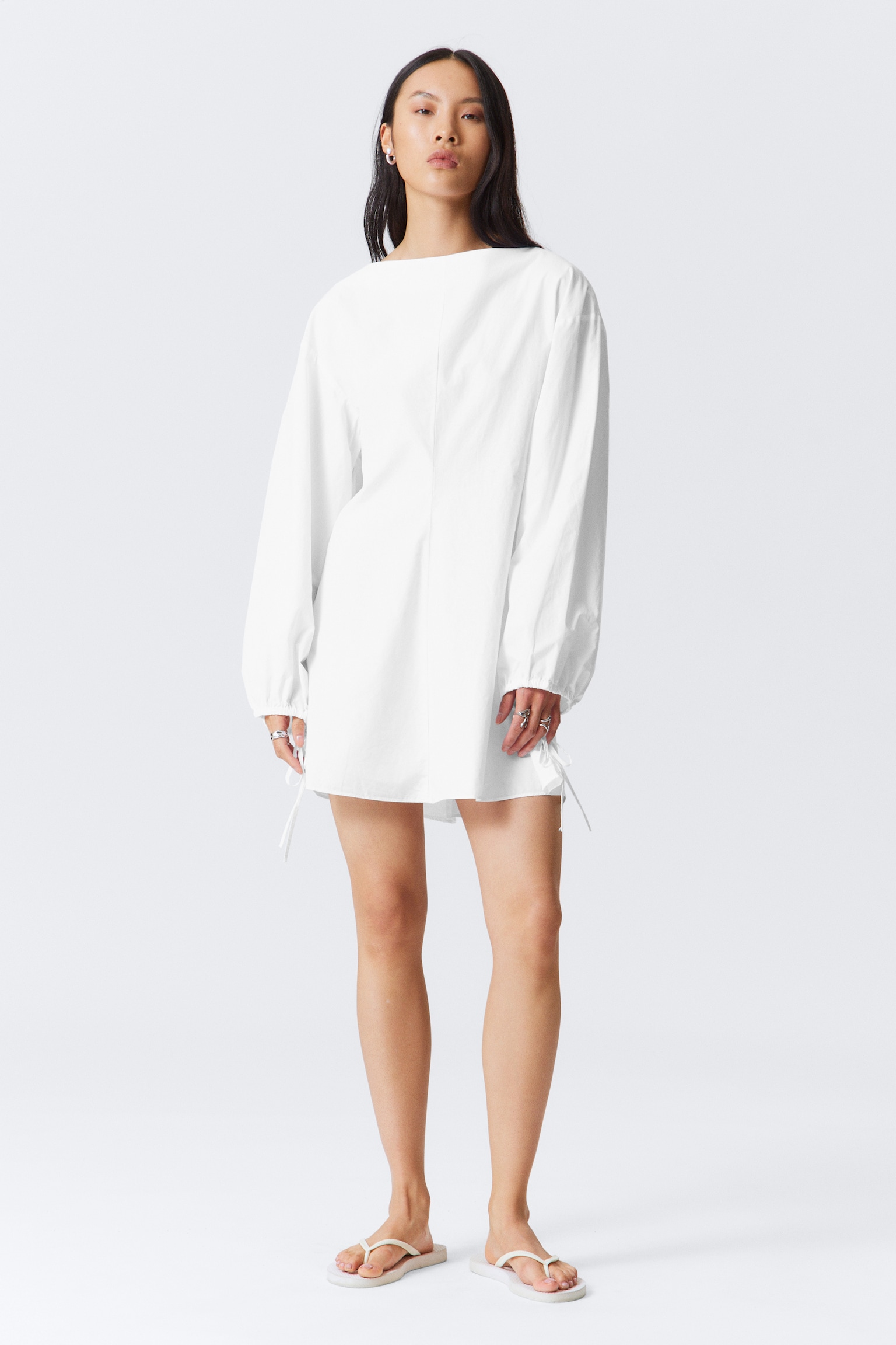 Vestido midi de popelina de algodón con cintas - Blanco/Topo oscuro