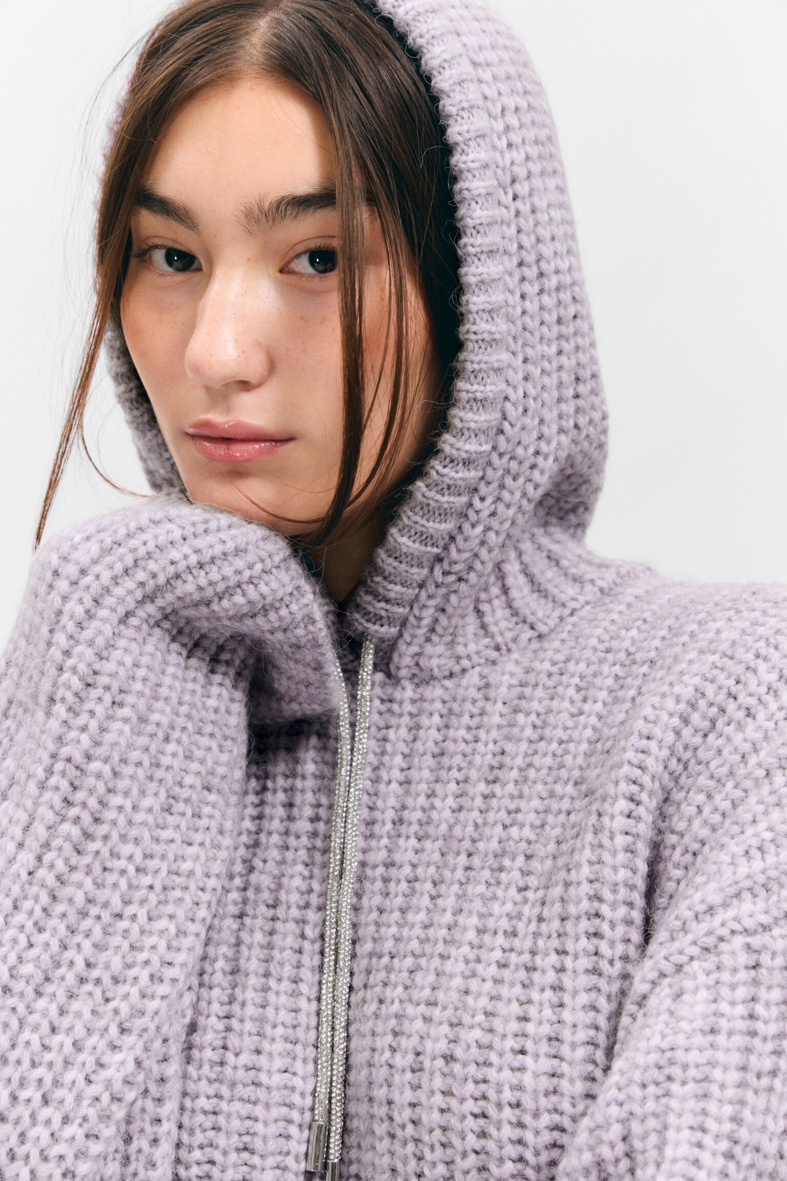 Knitted Drawstring Hoodie - Lilac/White - 6