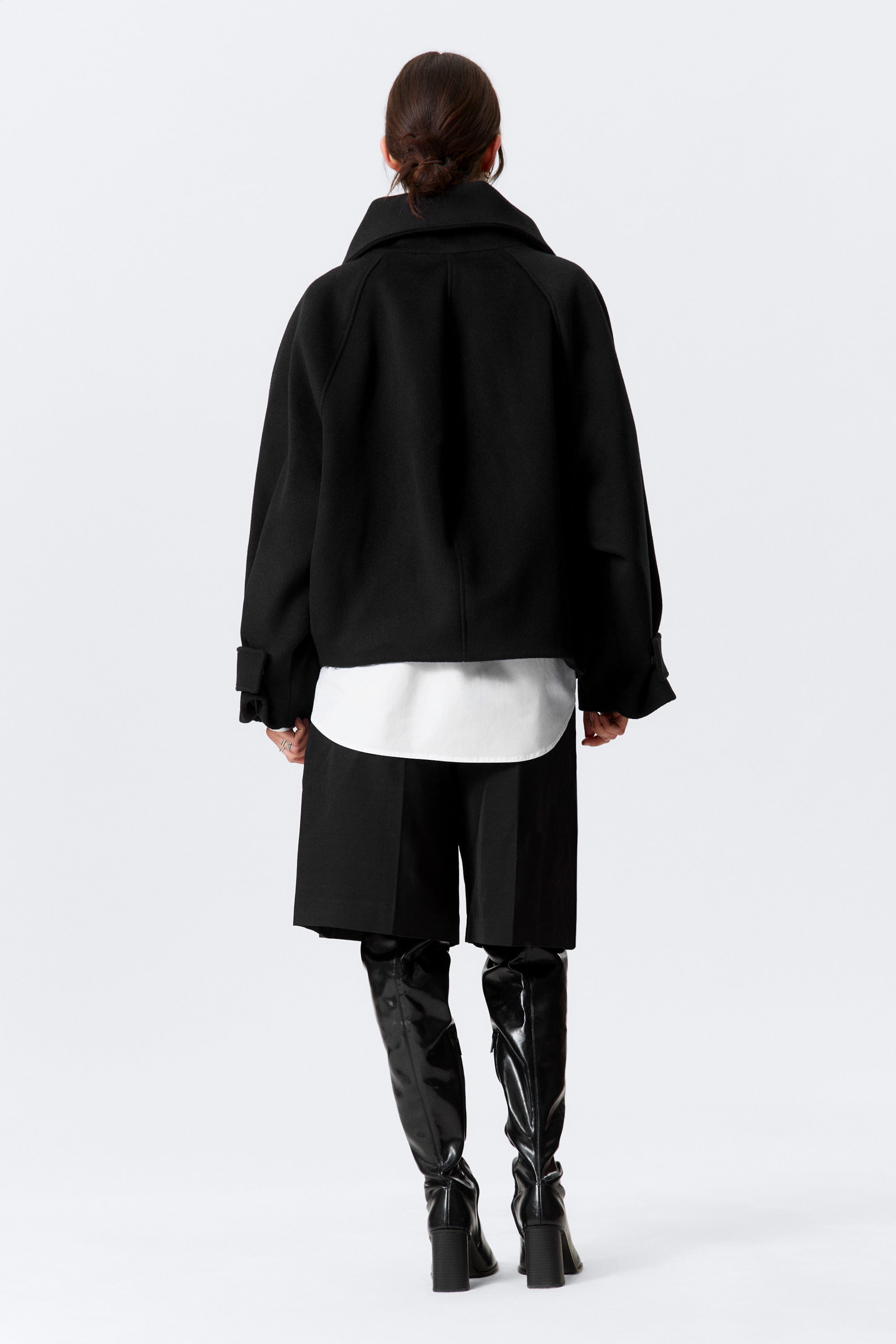 Black - Loose Fit Wool Jacket with Raglan Sleeves - 4