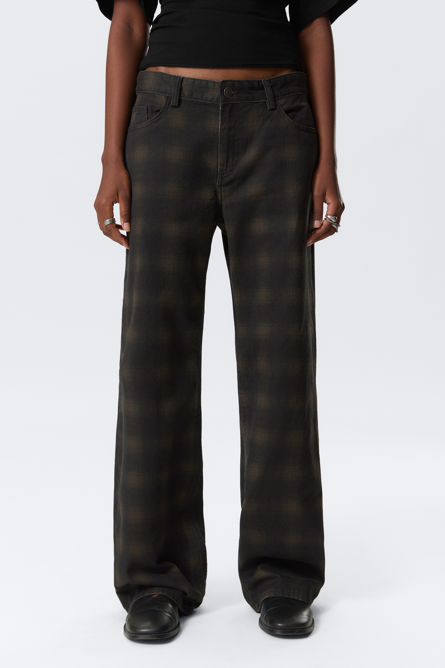 Low Rise Straight Leg Checked Twill Trousers - Dark Brown Haze - 6