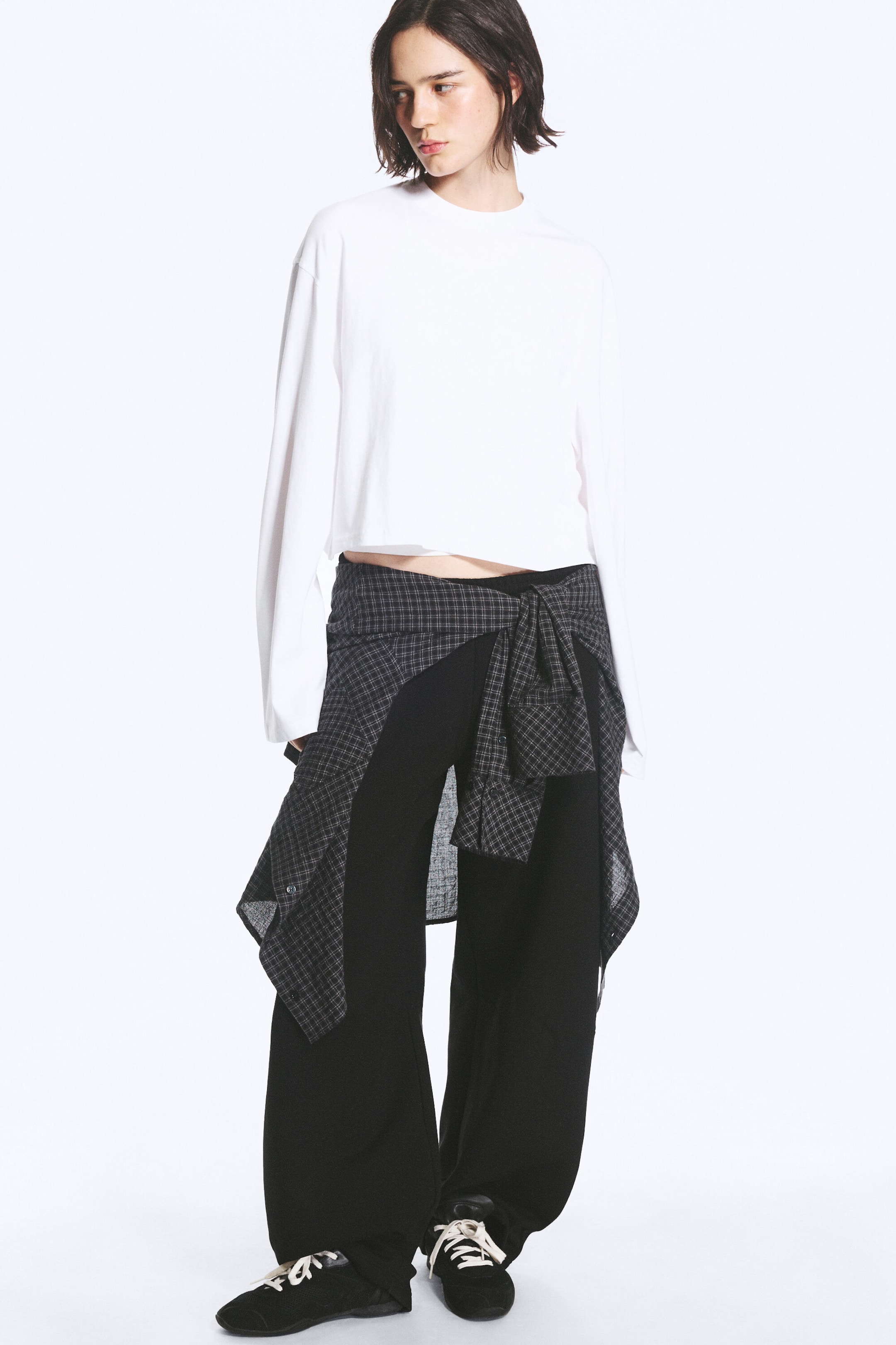 Wit - Cropped oversized T-shirt met lange mouwen - 2