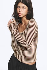 Light Pink/Brown Stripe - Long-Sleeved Slim Fit Scoop Neck Top - 1
