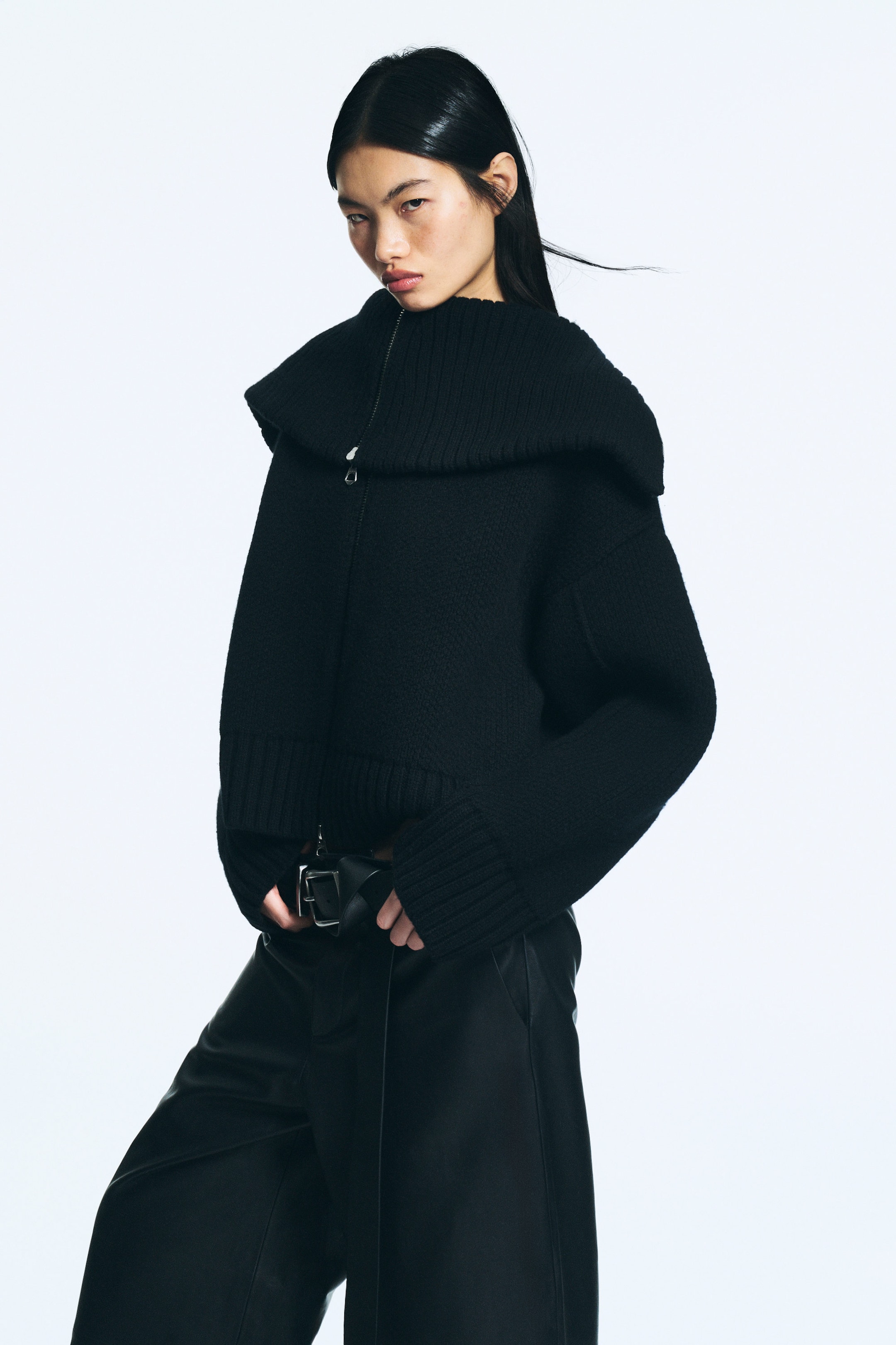 Black - Knitted Funnel Neck Dual Zip Sweater - 2