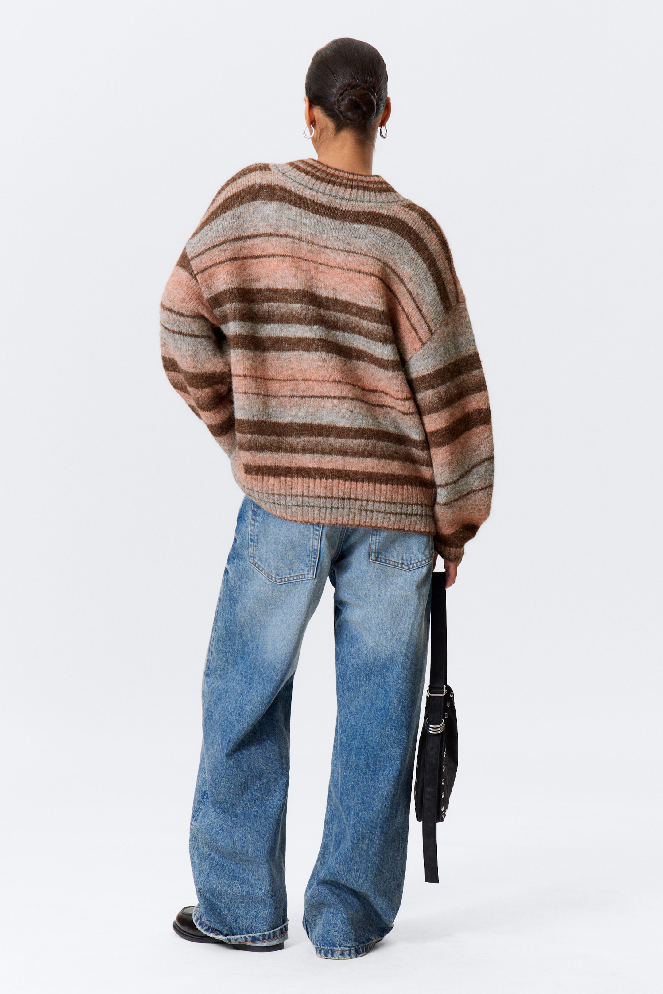 Brown & Orange Stripe - Oversized Knitted V-neck Sweater - 2