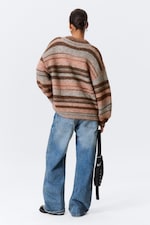 Brown & Orange Stripe - Oversized Knitted V-neck Sweater - 2
