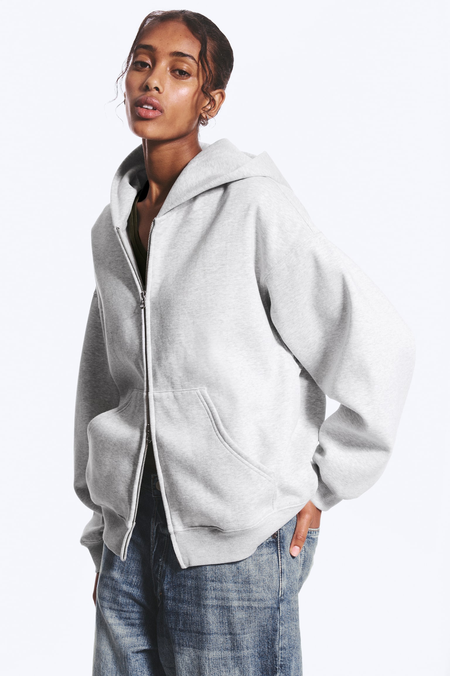 Oversized-Hoodie mit Reißverschluss - Grau meliert/Dunkelbeige/Schwarz - 1