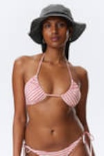 Rote Multi-Streifen - Bedrucktes, gerafftes Neckholder-Bandeau-Bikini-Top - 0