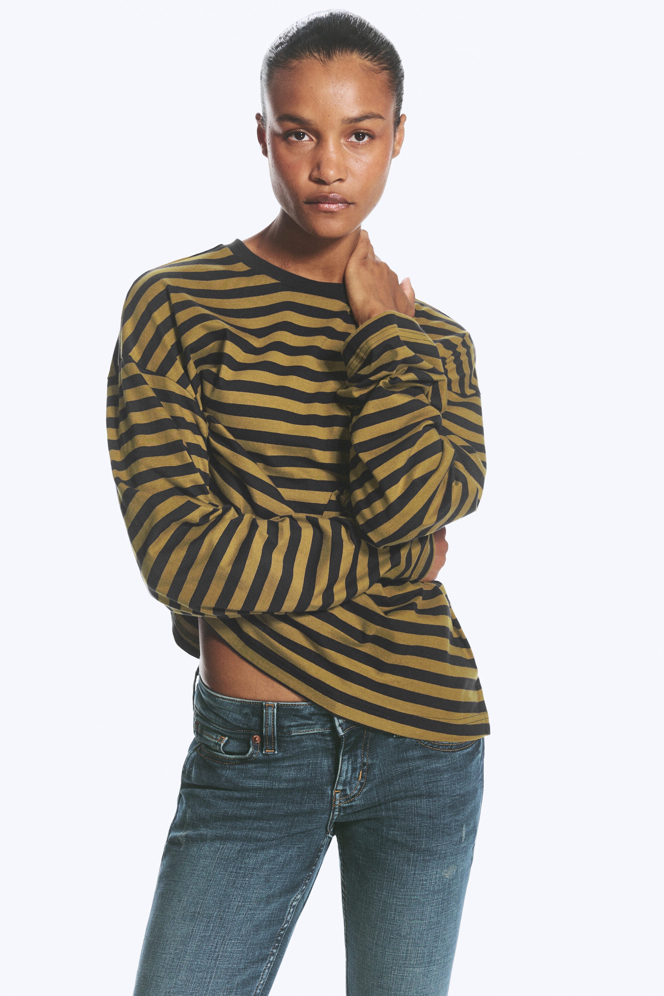 Lime/Navy Stripe - Long-Sleeved Cotton T-shirt - 1