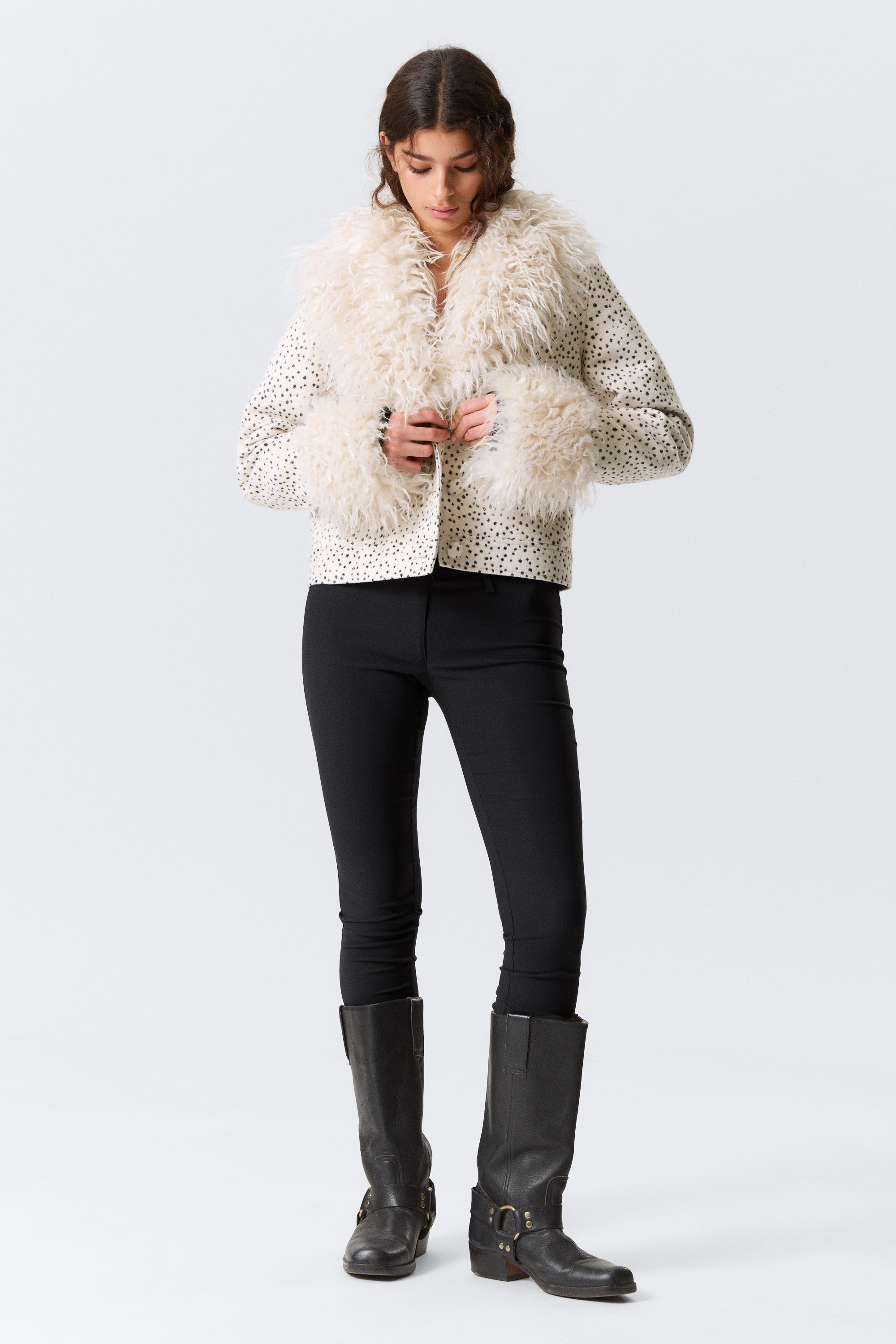 Dusty White - Black Dots - Cropped Faux Fur Trim Jacket - 1