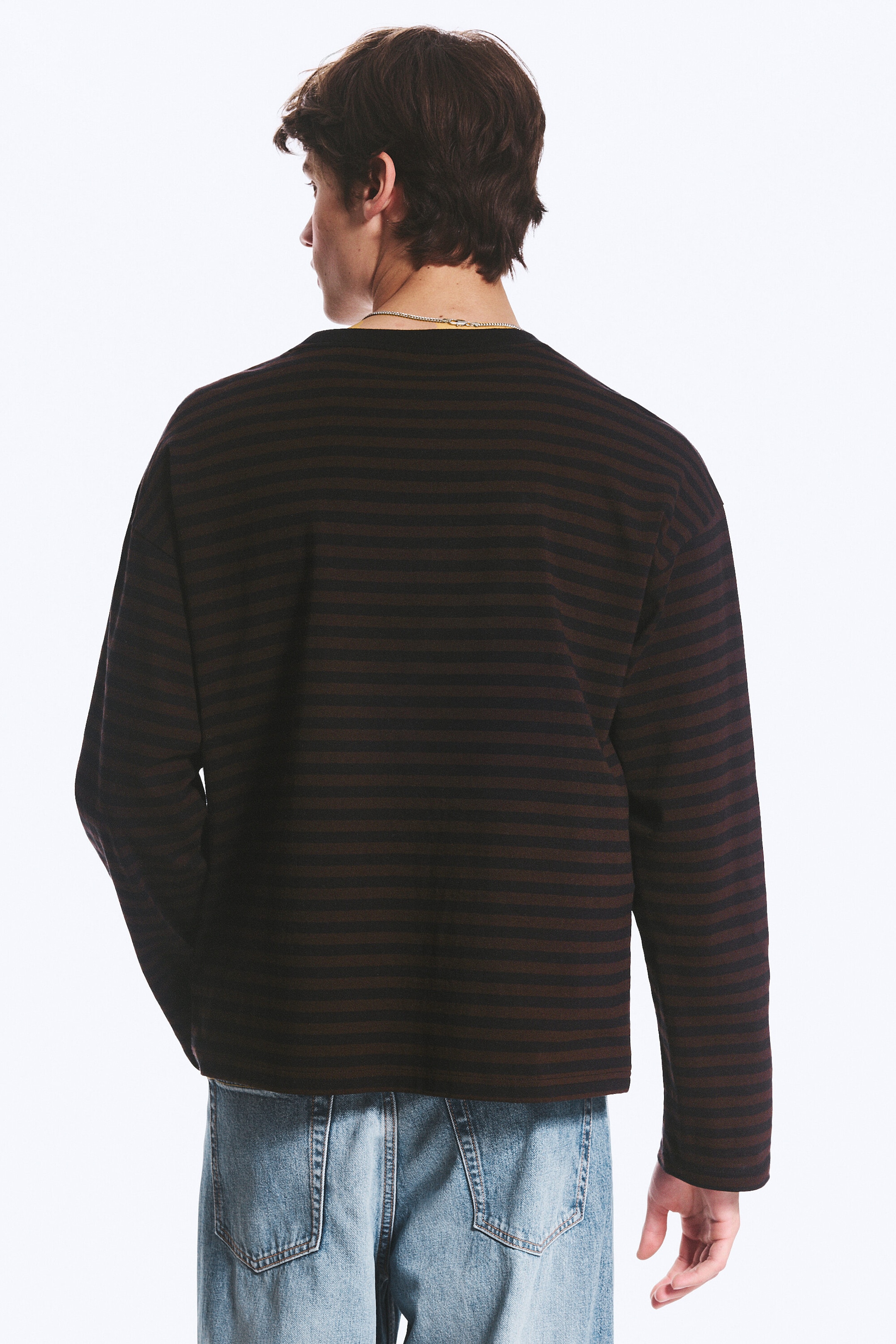 Striped Dark Brown - Loose Boxy Long-Sleeved T-shirt - 2