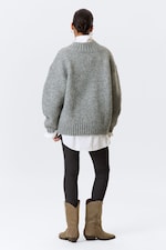 Grey Melange - Oversized Knitted V-neck Sweater - 2