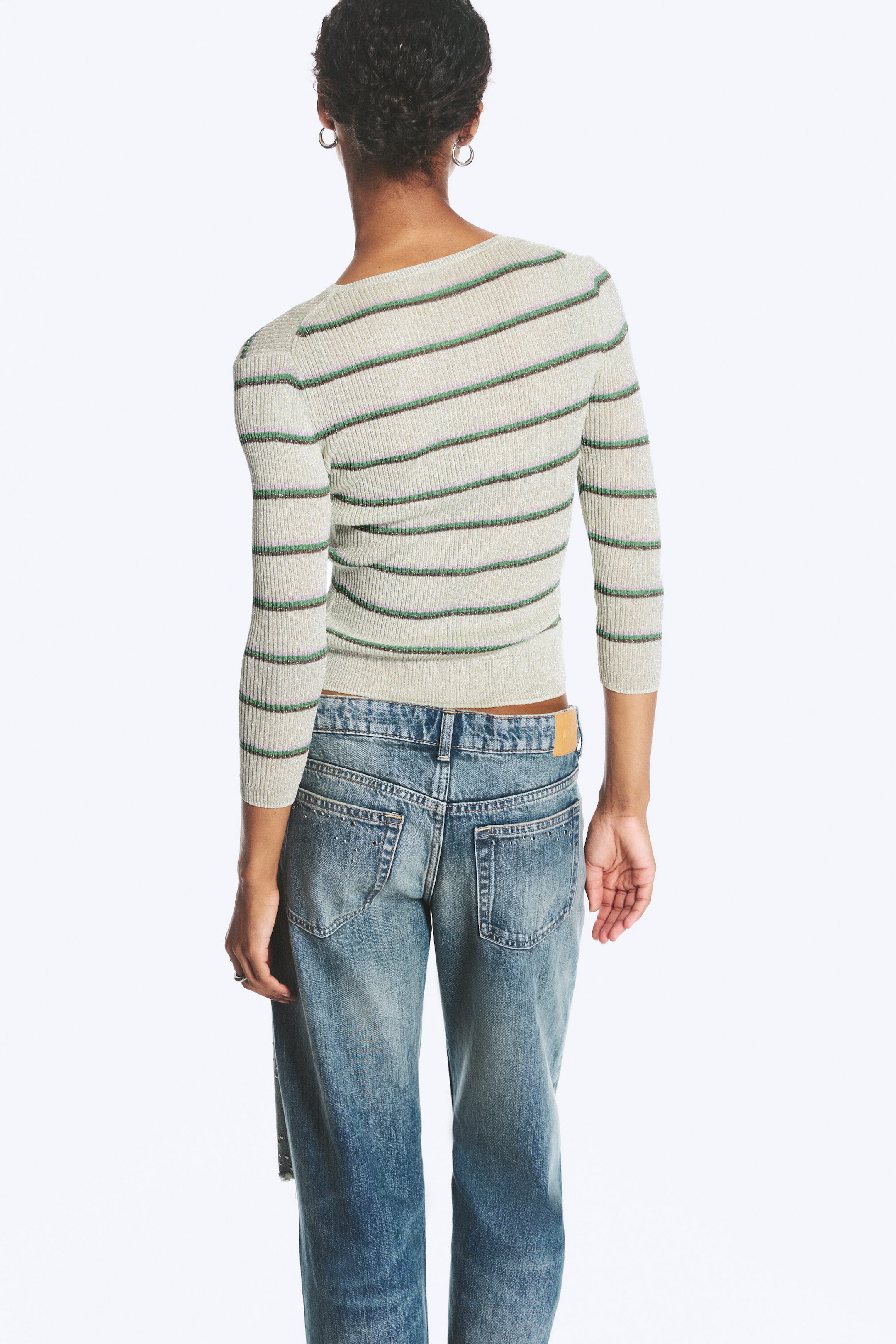 Gris clair rayé - Pull ajusté en maille à col en V - 2