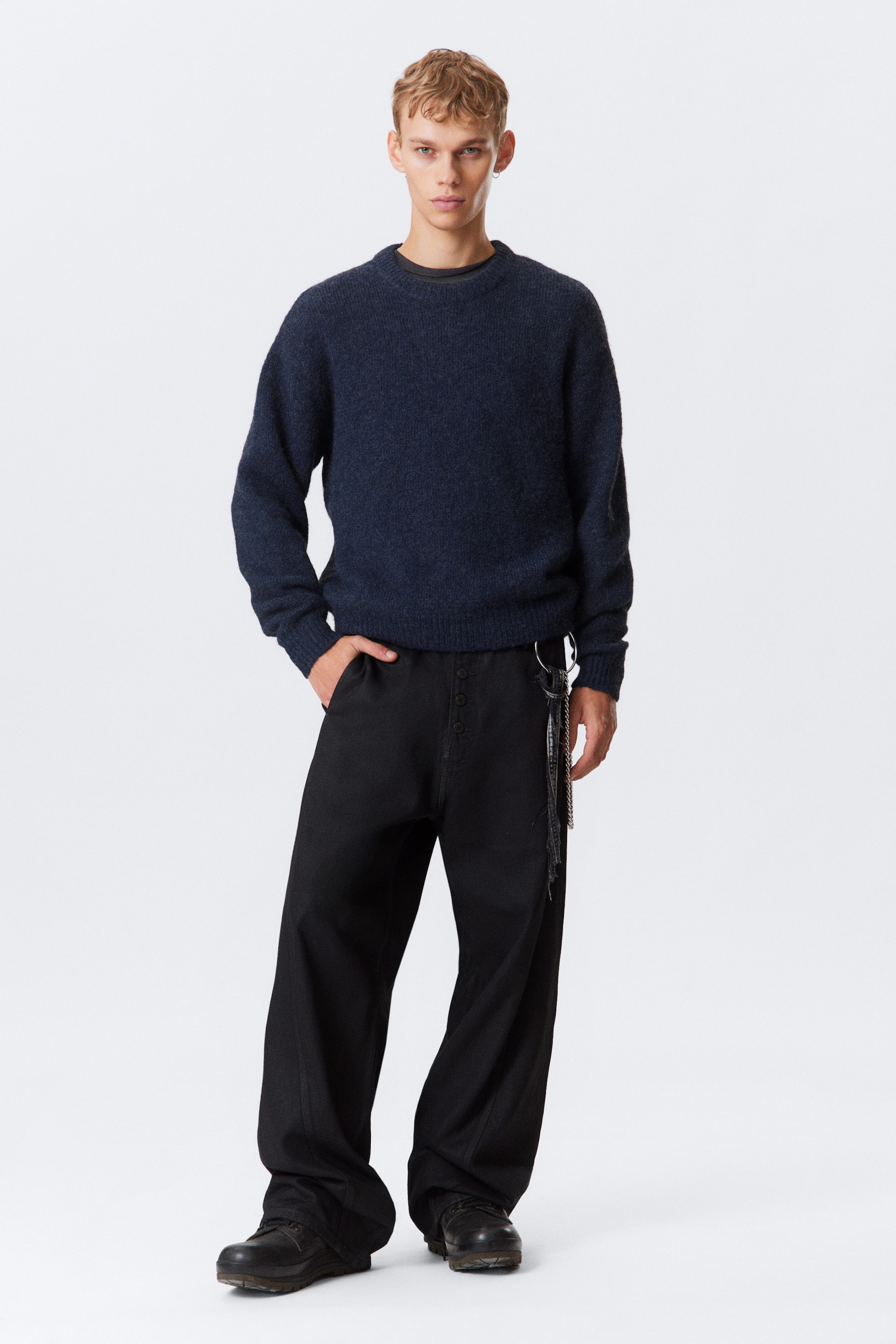 Navy Blue Melange - Regular Knitted Wool-Blend Sweater - 2